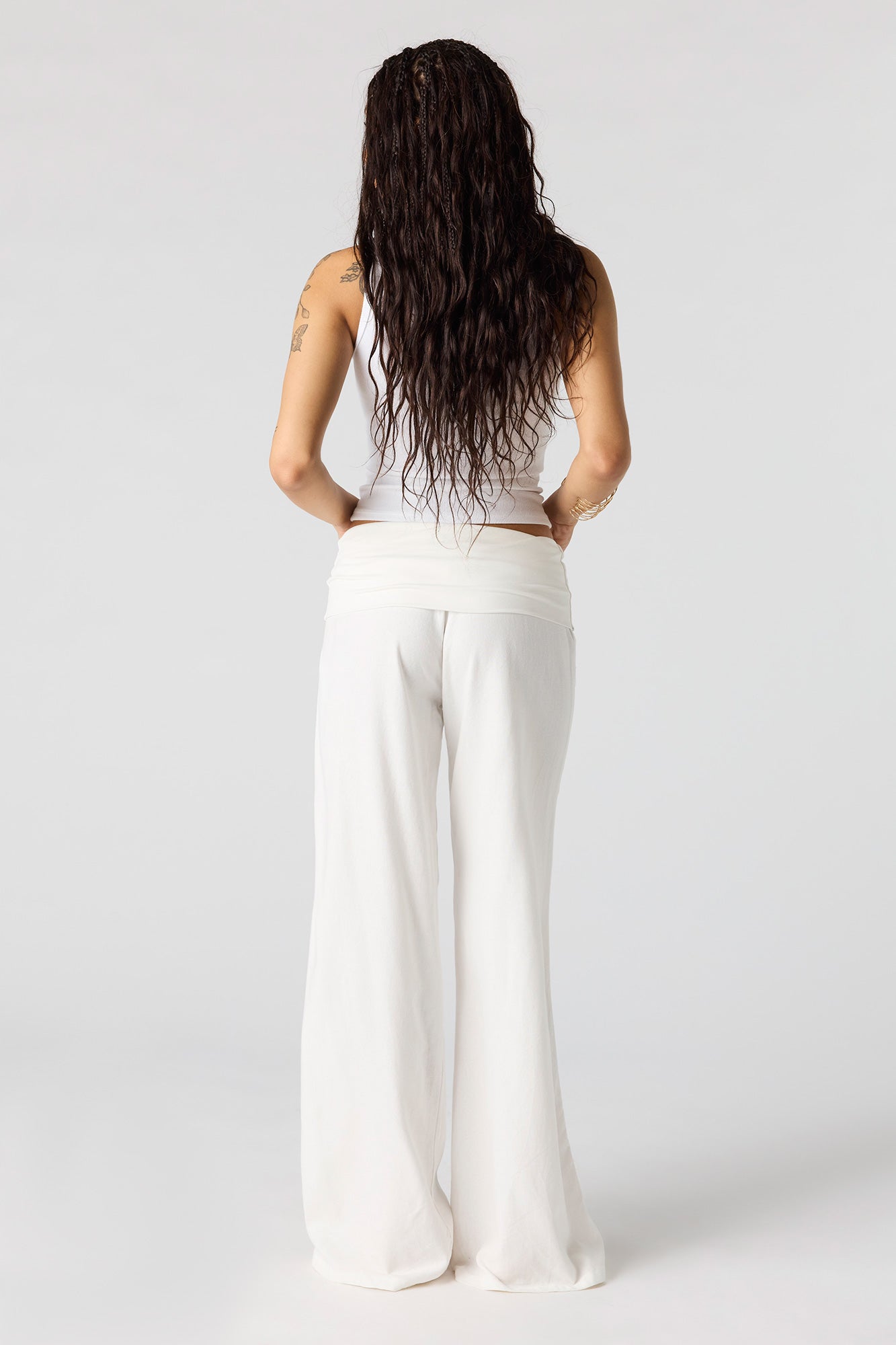 Linen-Blend Foldover Waist Wide Leg Pant