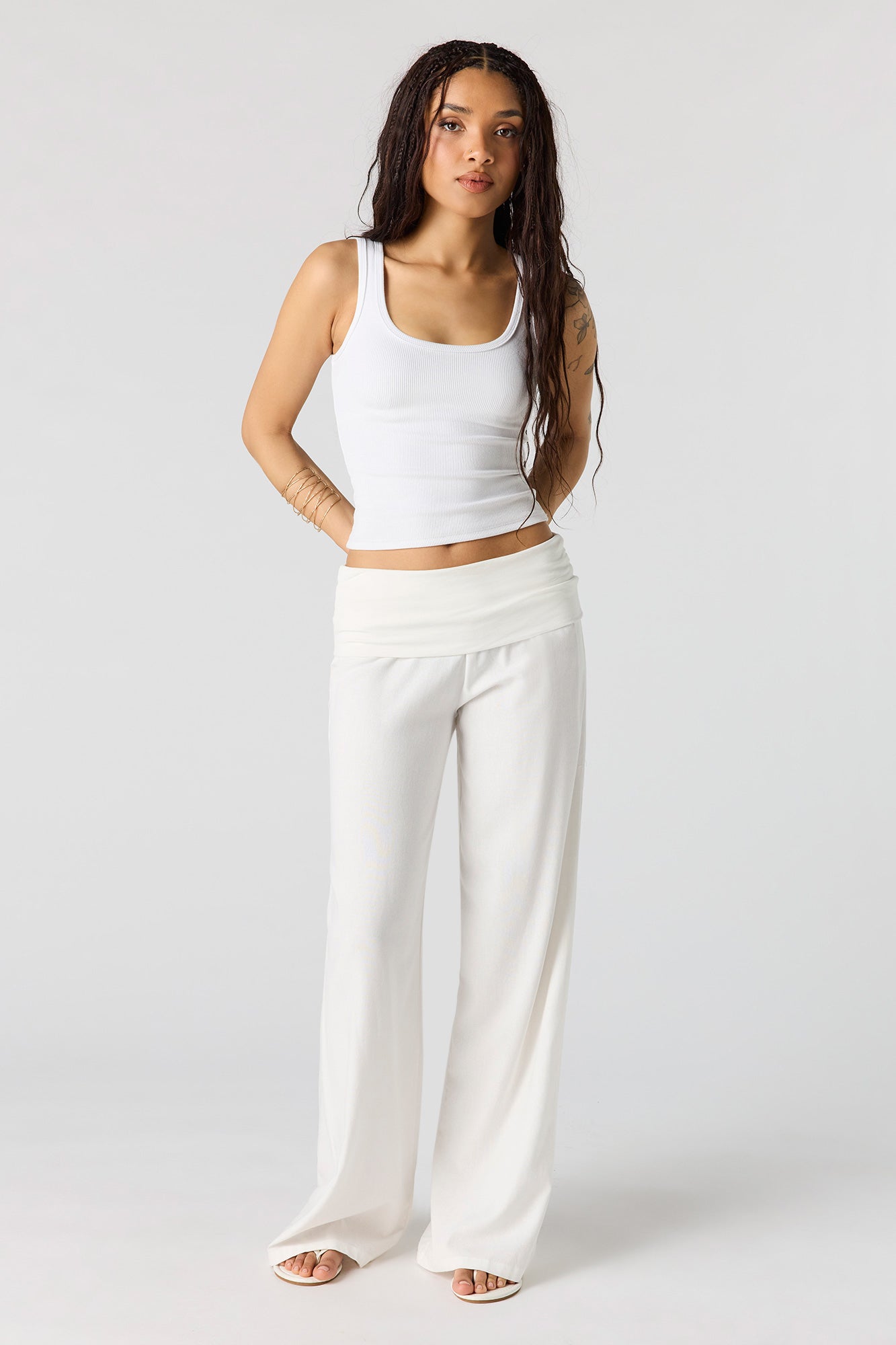 Linen-Blend Foldover Waist Wide Leg Pant