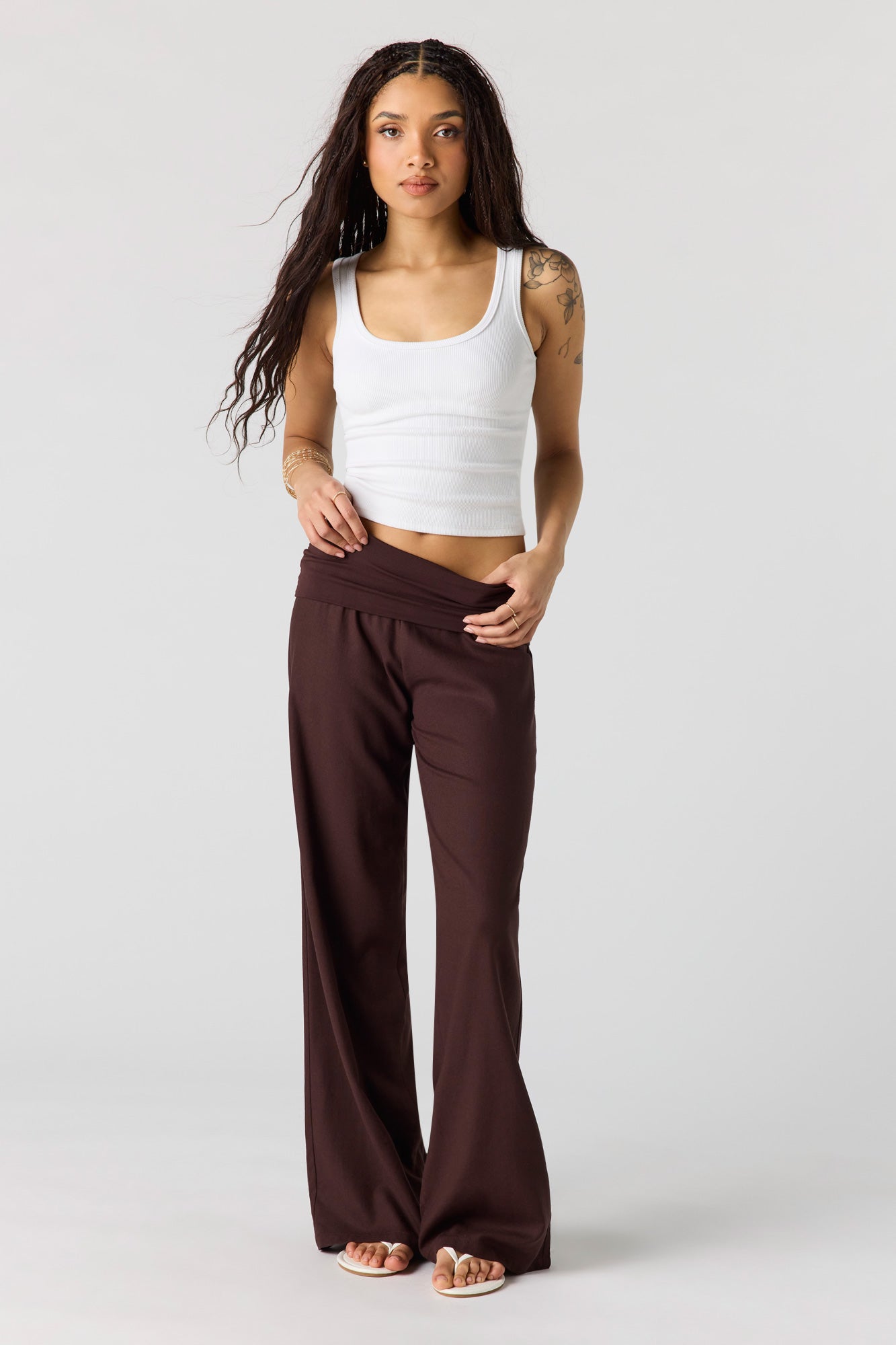 Linen-Blend Foldover Waist Wide Leg Pant
