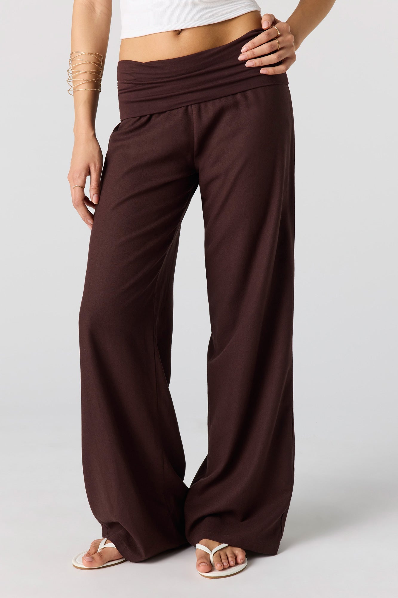 Linen-Blend Foldover Waist Wide Leg Pant