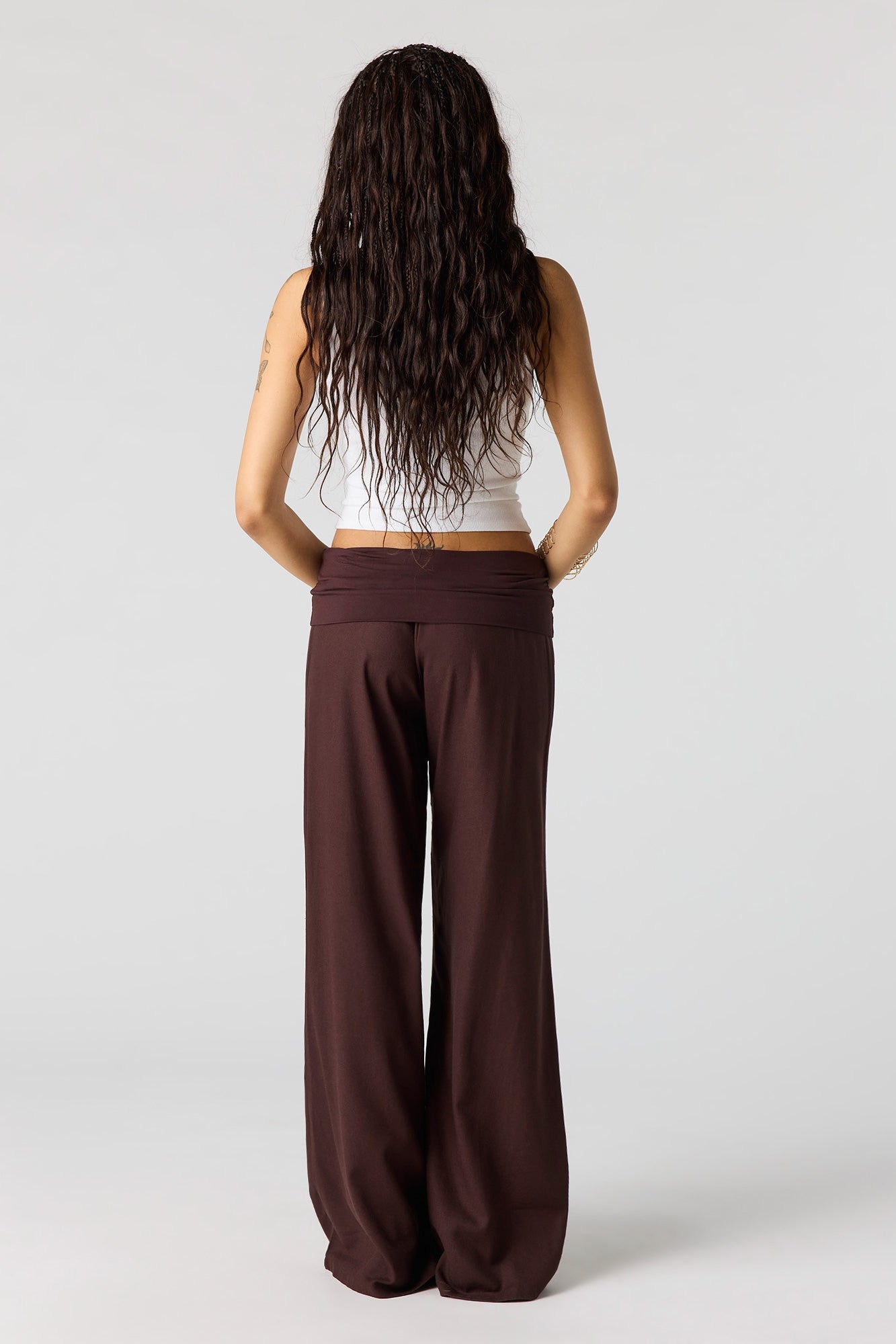 Linen-Blend Foldover Waist Wide Leg Pant