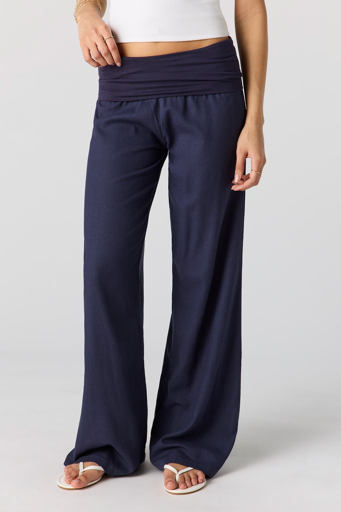 Linen-Blend Foldover Waist Wide Leg Pant
