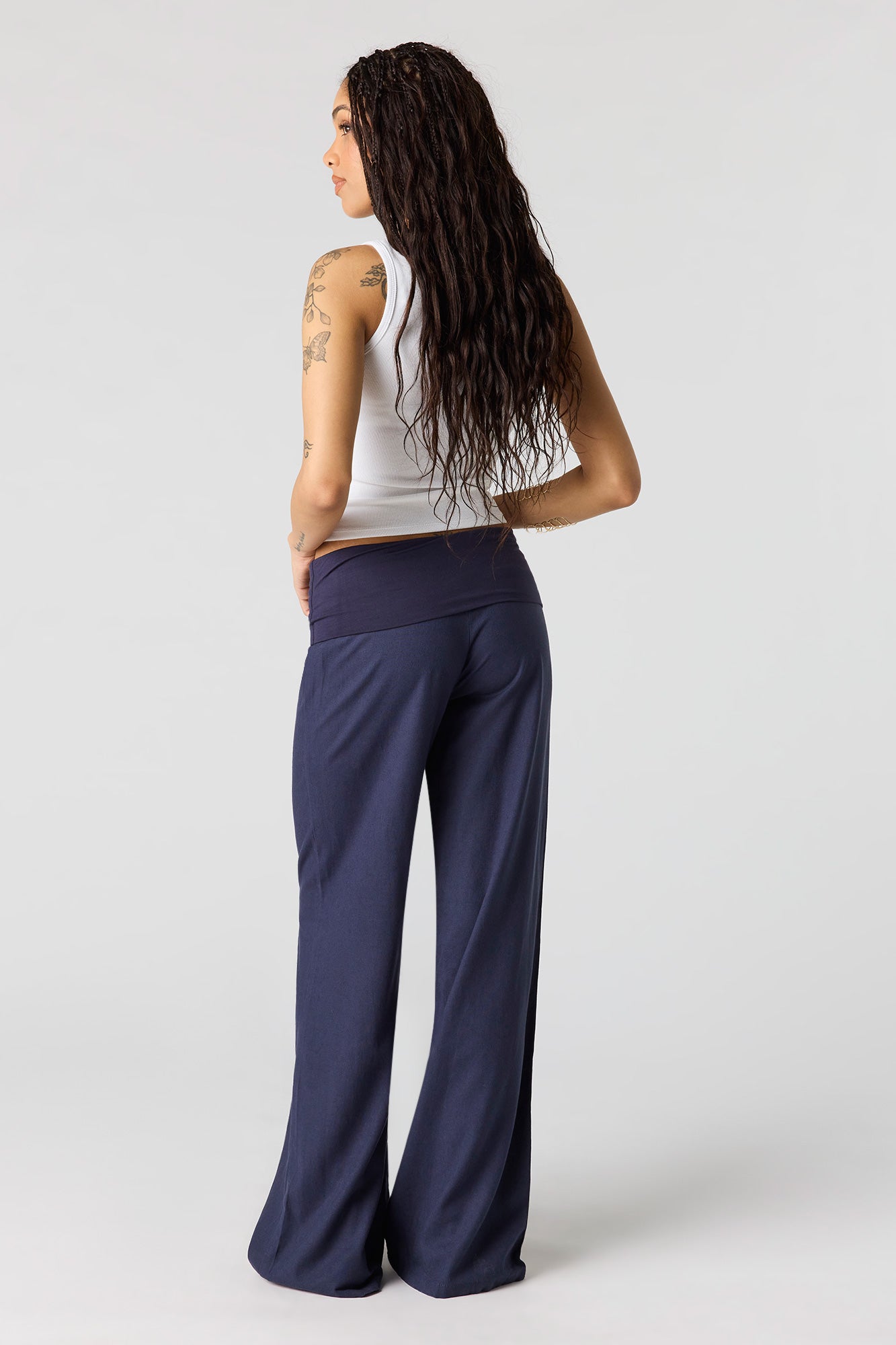Linen-Blend Foldover Waist Wide Leg Pant