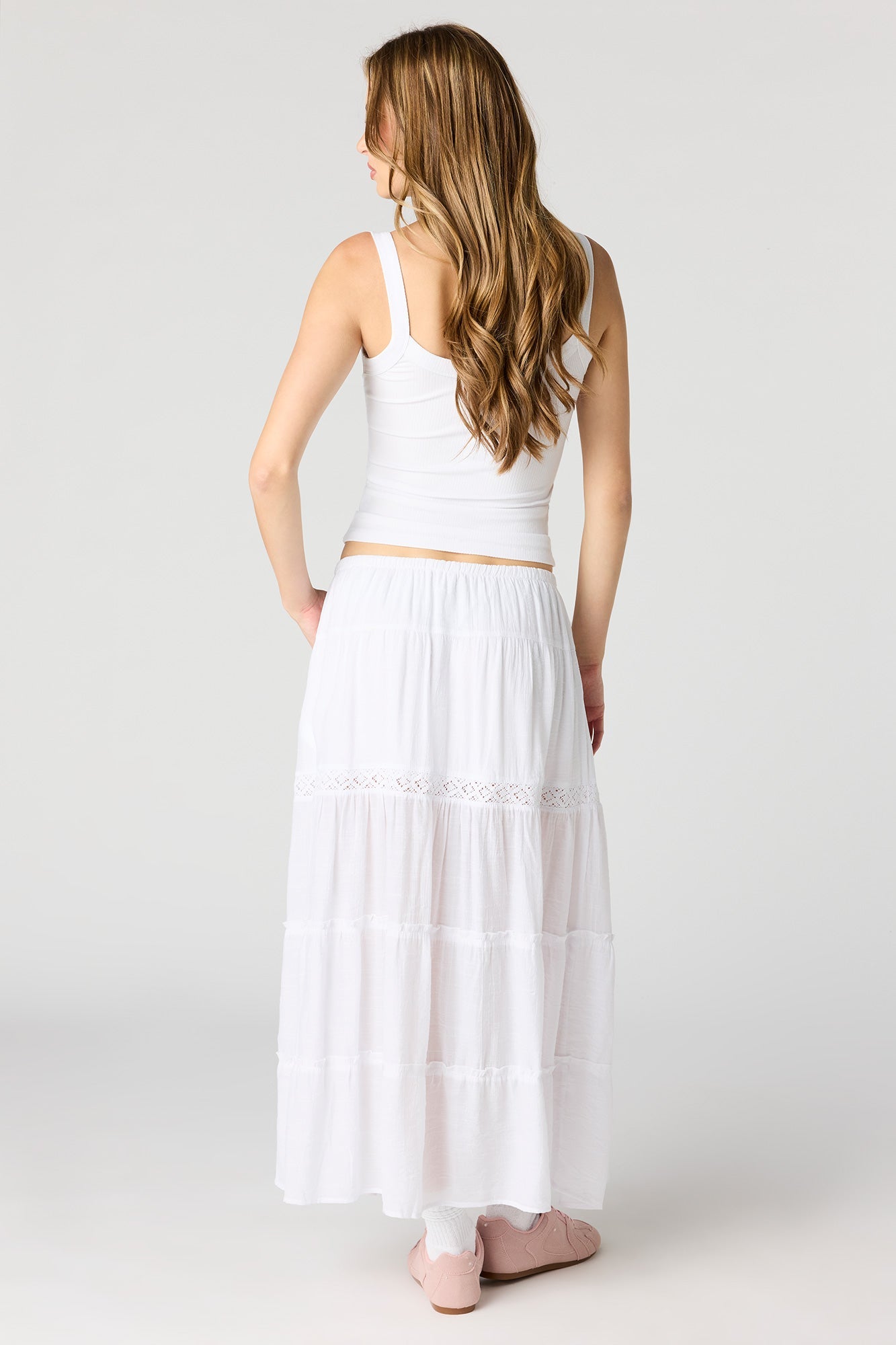 Crochet Detail Tiered Slit Maxi Skirt