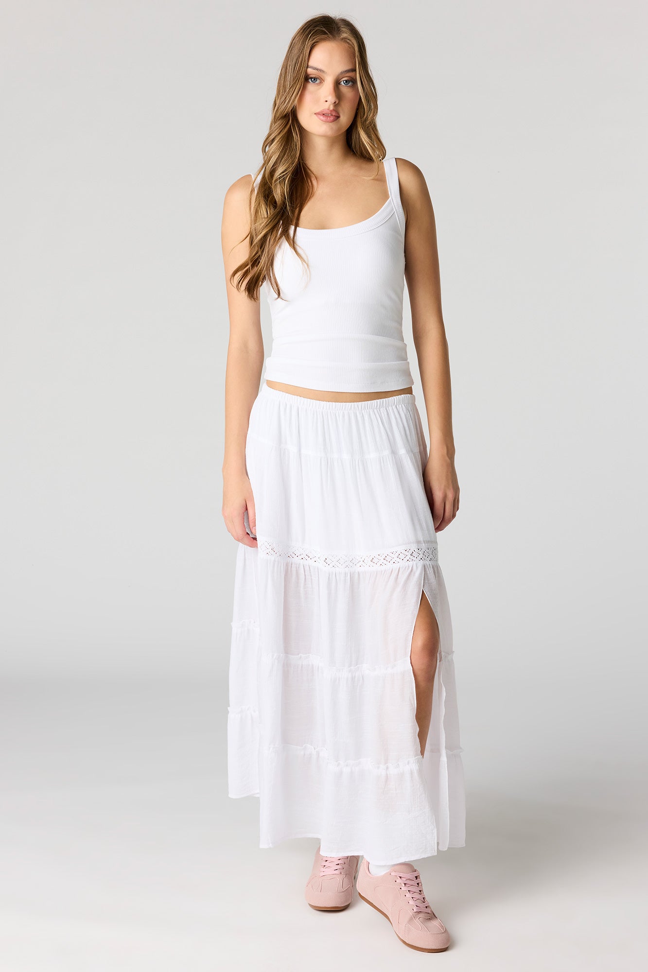 Crochet Detail Tiered Slit Maxi Skirt