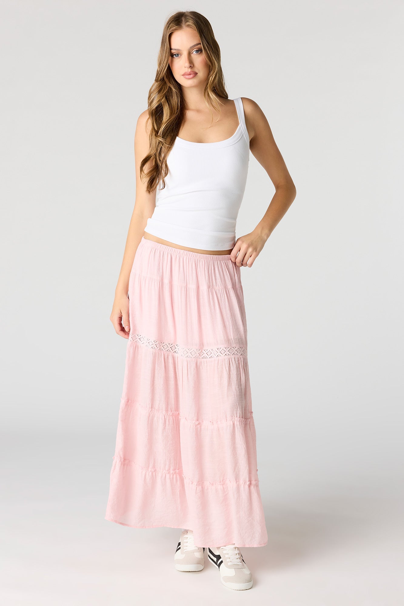 Crochet Detail Tiered Slit Maxi Skirt
