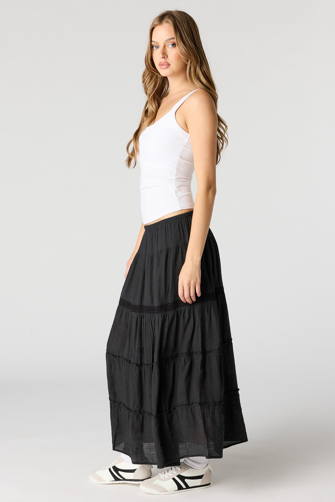 Crochet Detail Tiered Slit Maxi Skirt