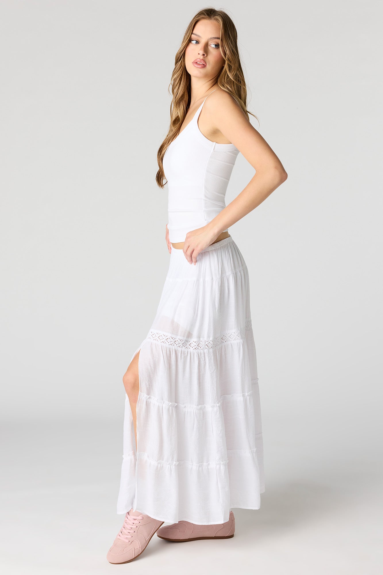 Crochet Detail Tiered Slit Maxi Skirt
