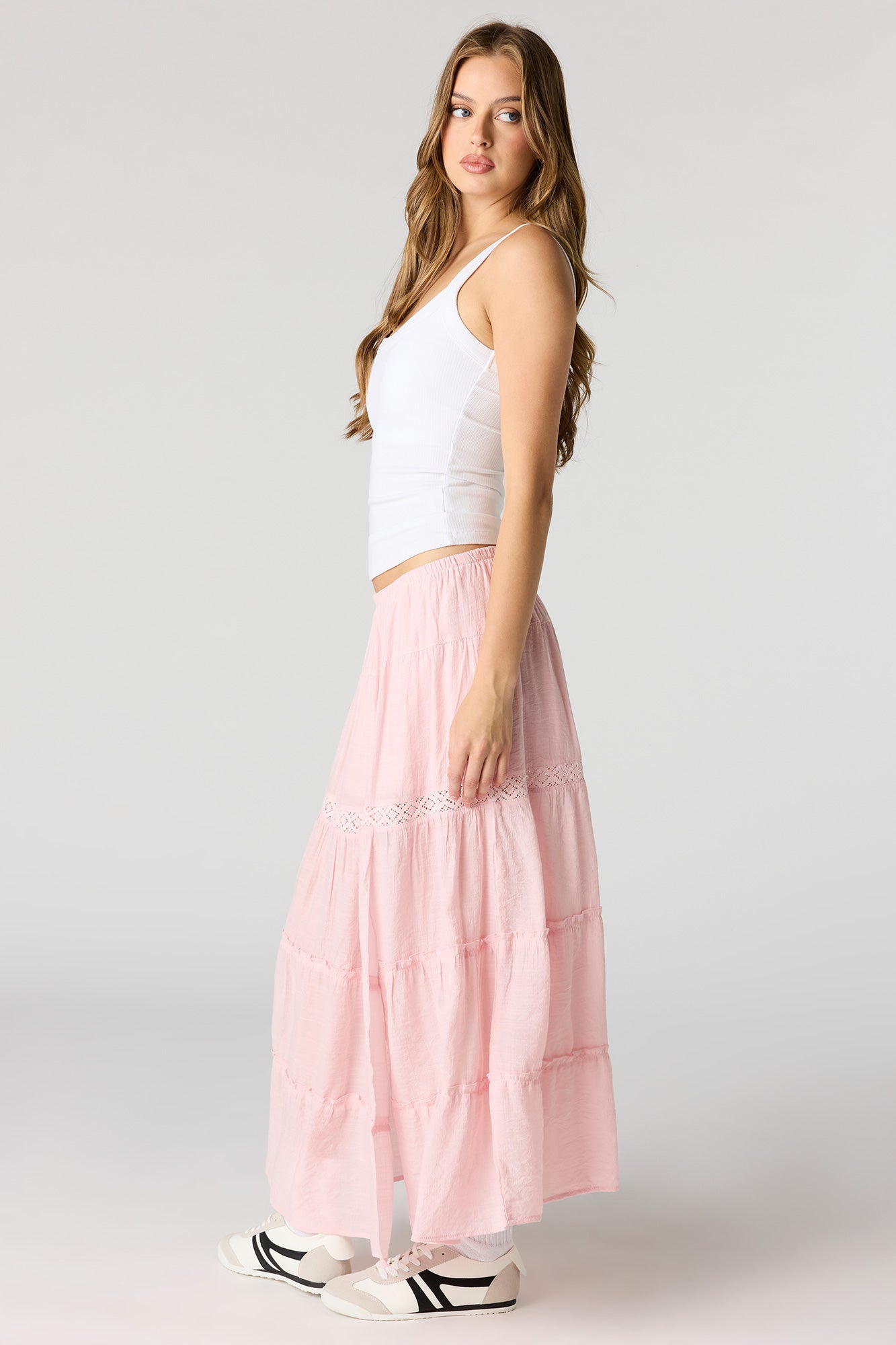 Crochet Detail Tiered Slit Maxi Skirt