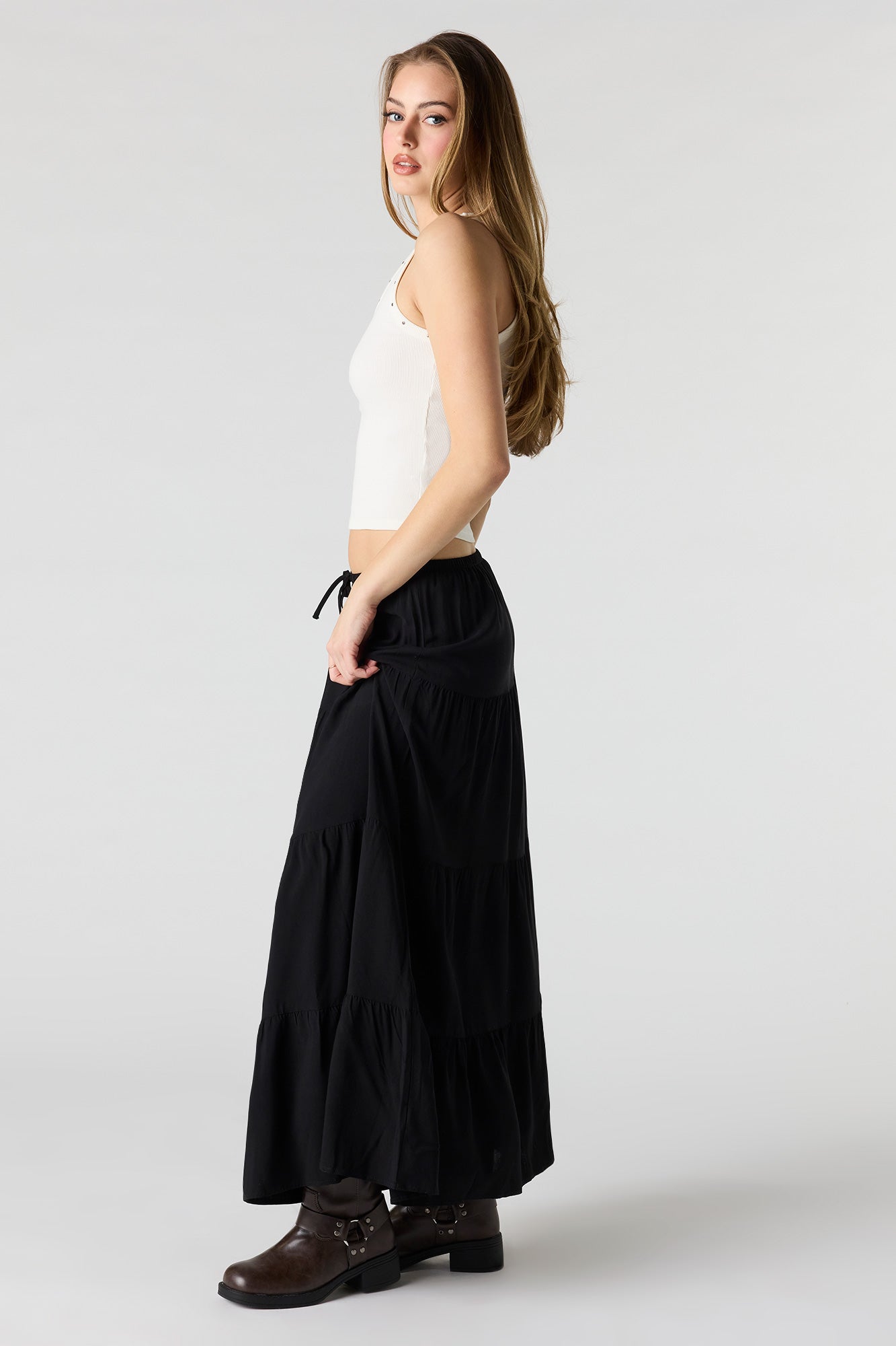 Drawstring Tiered Maxi Skirt