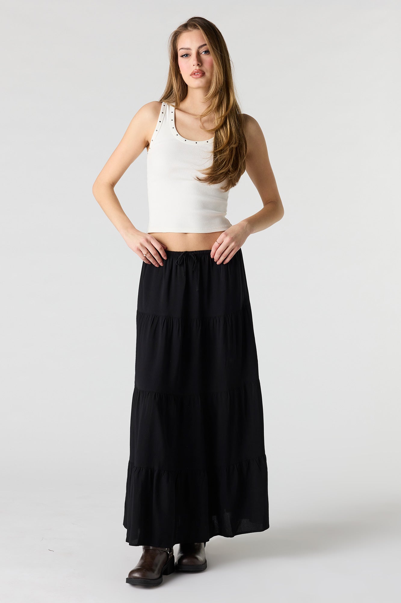 Drawstring Tiered Maxi Skirt