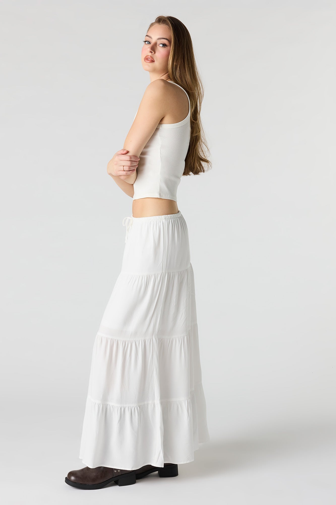 Drawstring Tiered Maxi Skirt
