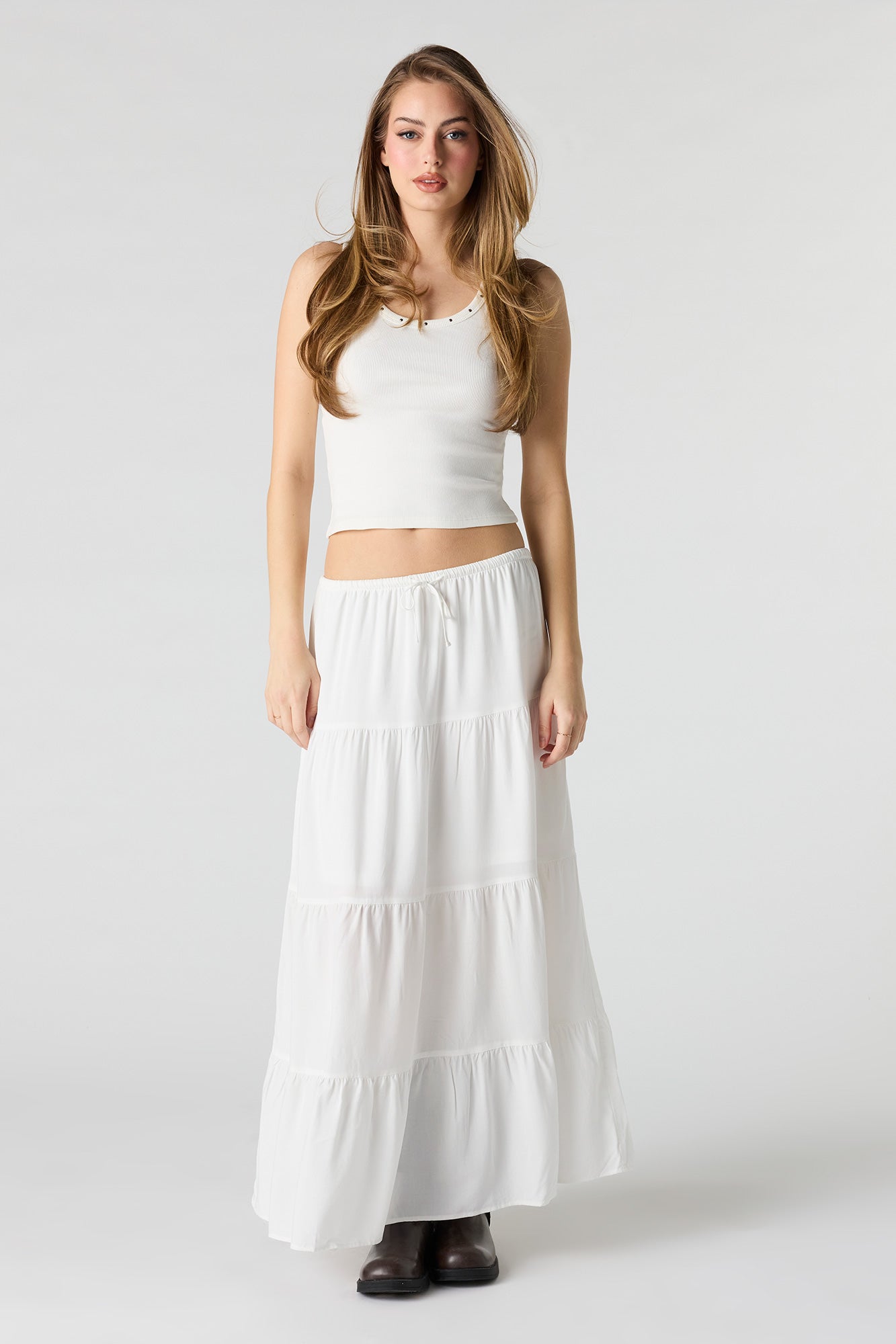 Drawstring Tiered Maxi Skirt