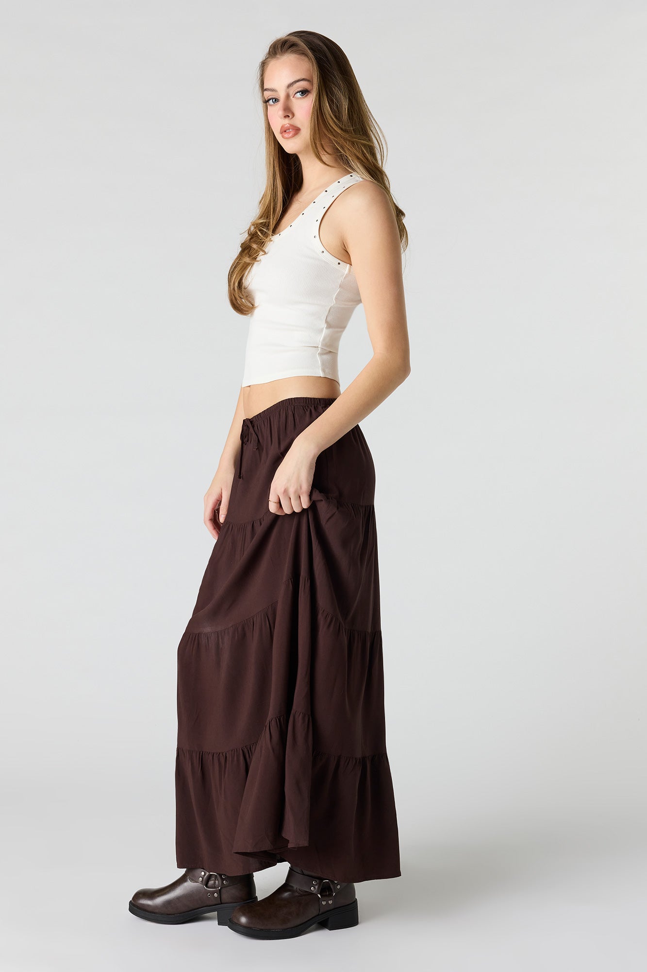 Drawstring Tiered Maxi Skirt