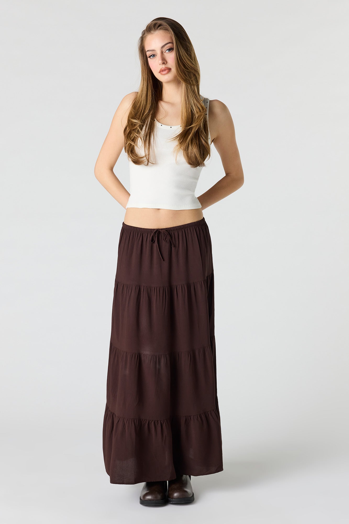 Drawstring Tiered Maxi Skirt