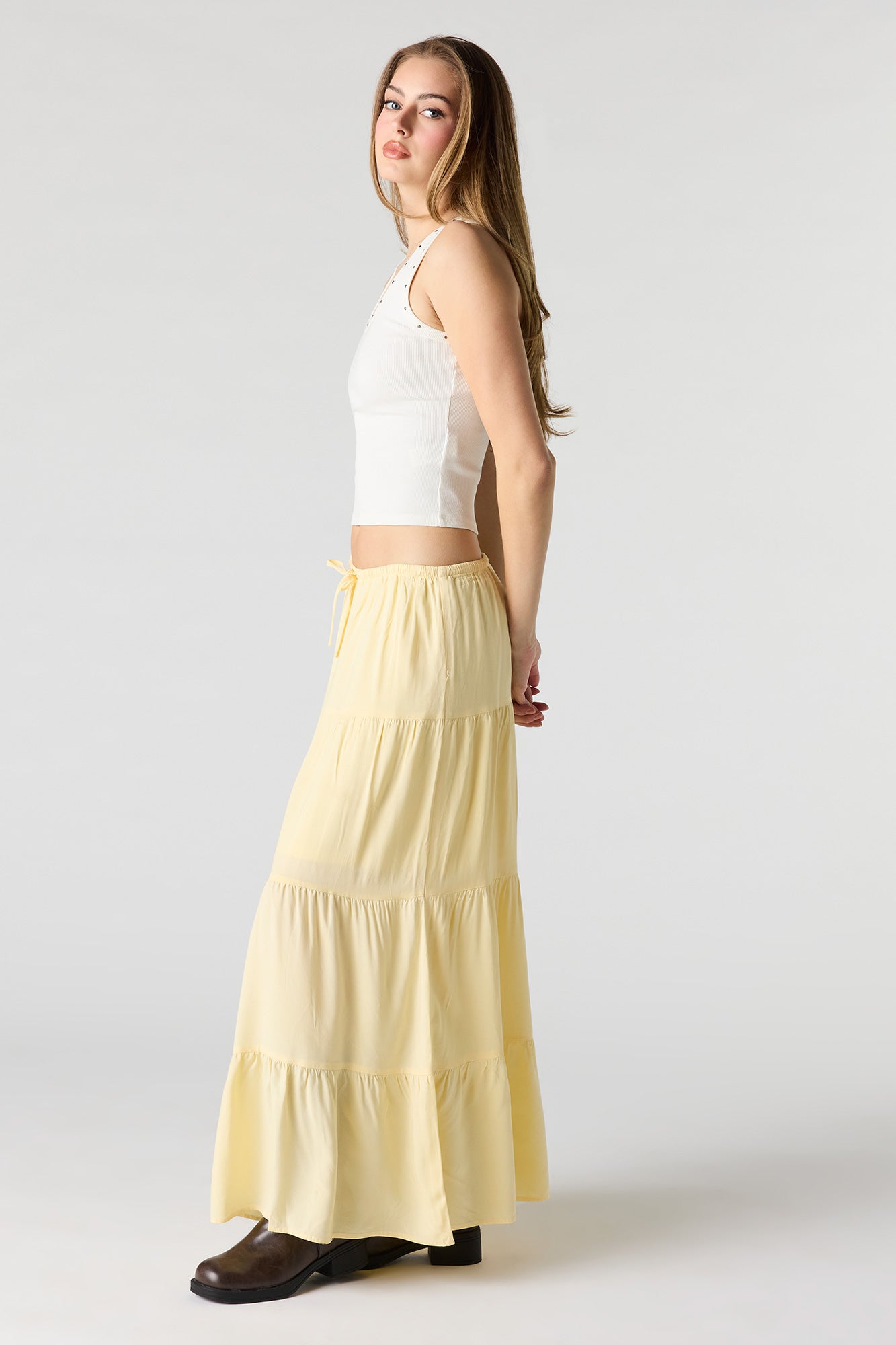 Drawstring Tiered Maxi Skirt