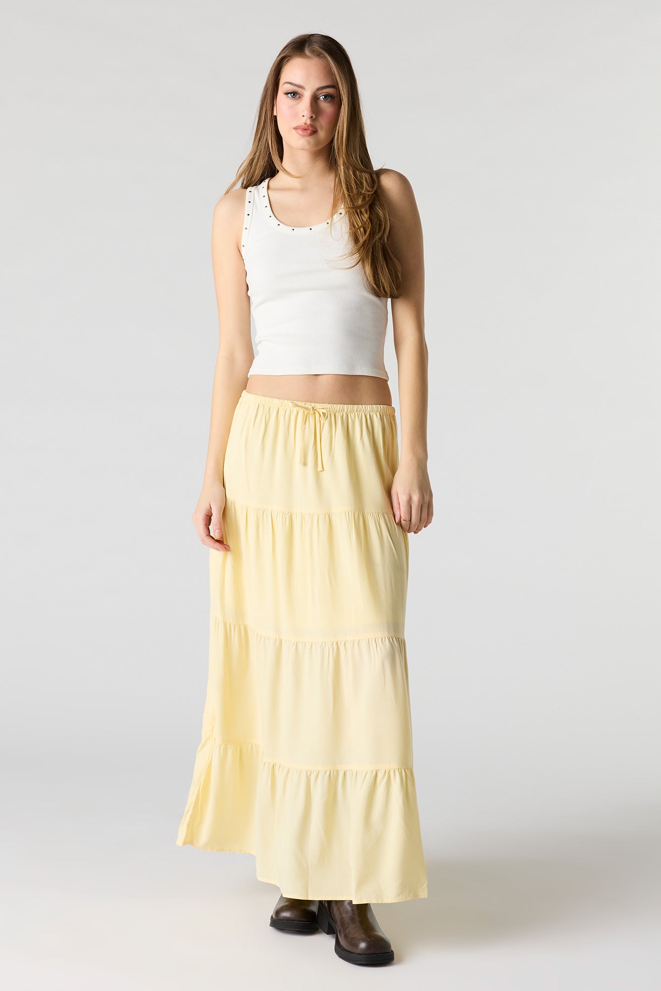 Drawstring Tiered Maxi Skirt
