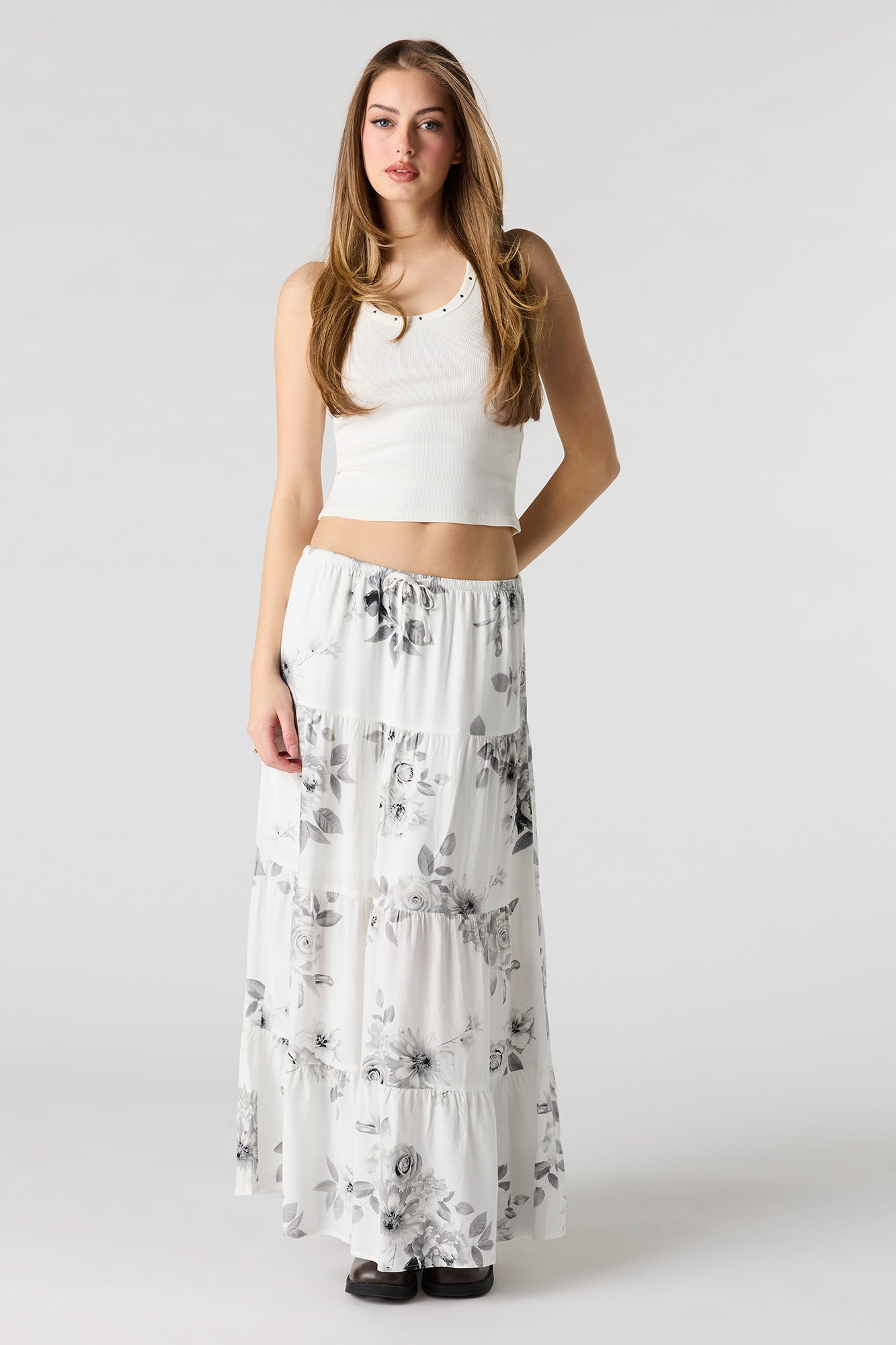 Drawstring Tiered Maxi Skirt
