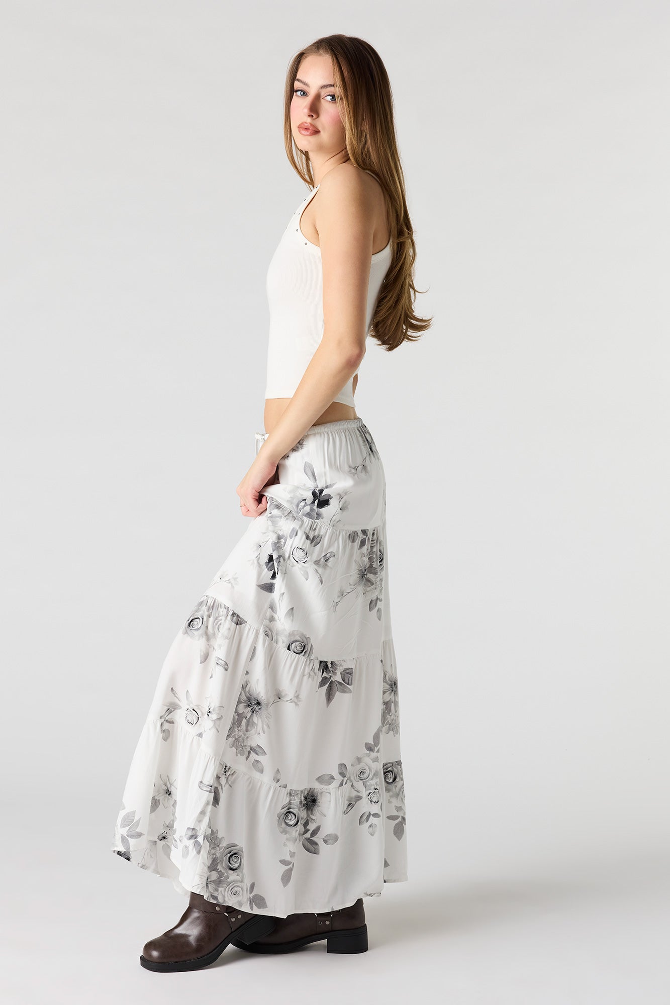 Drawstring Tiered Maxi Skirt