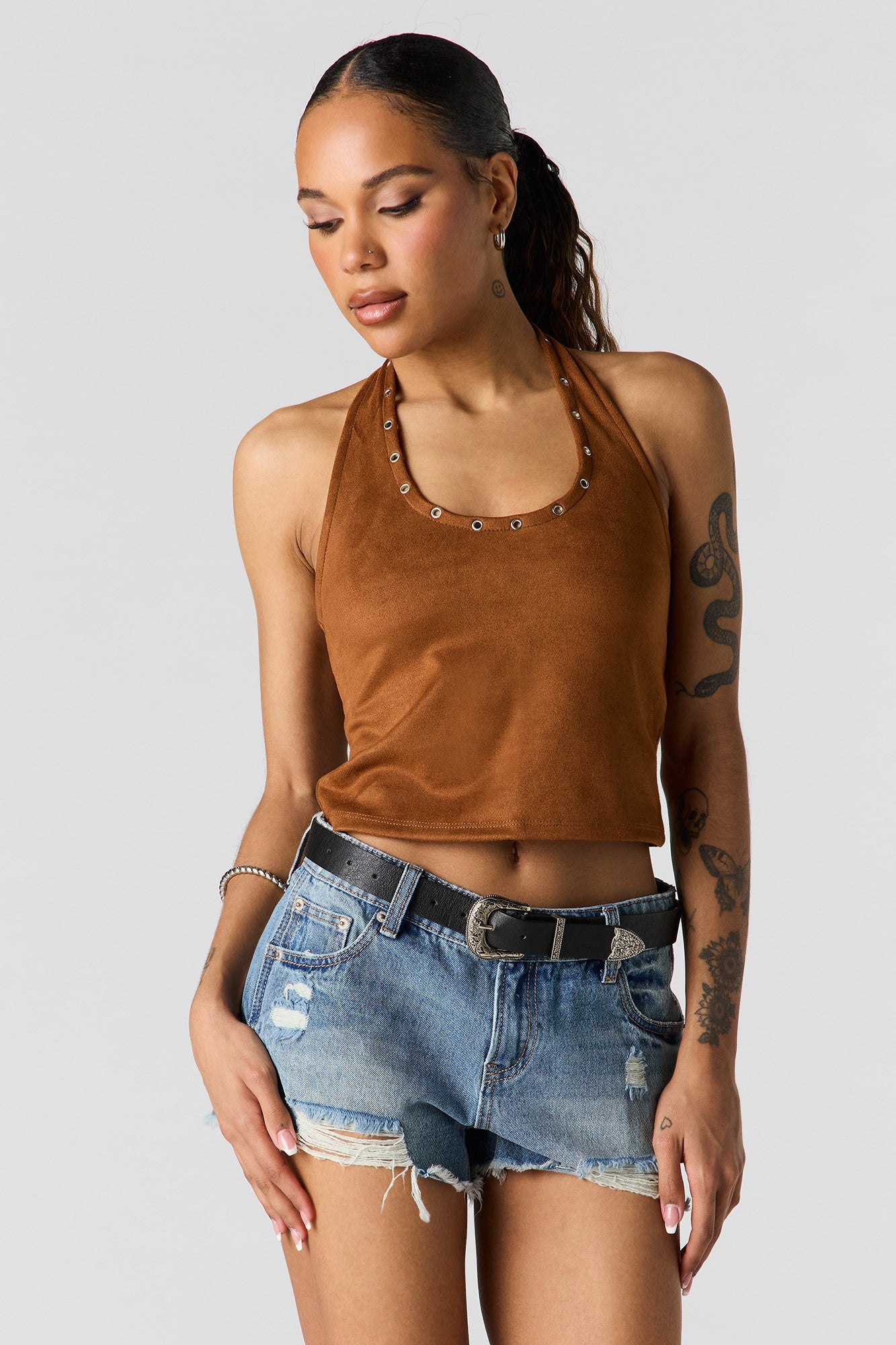 Ripped Low Rise Belted Denim Short