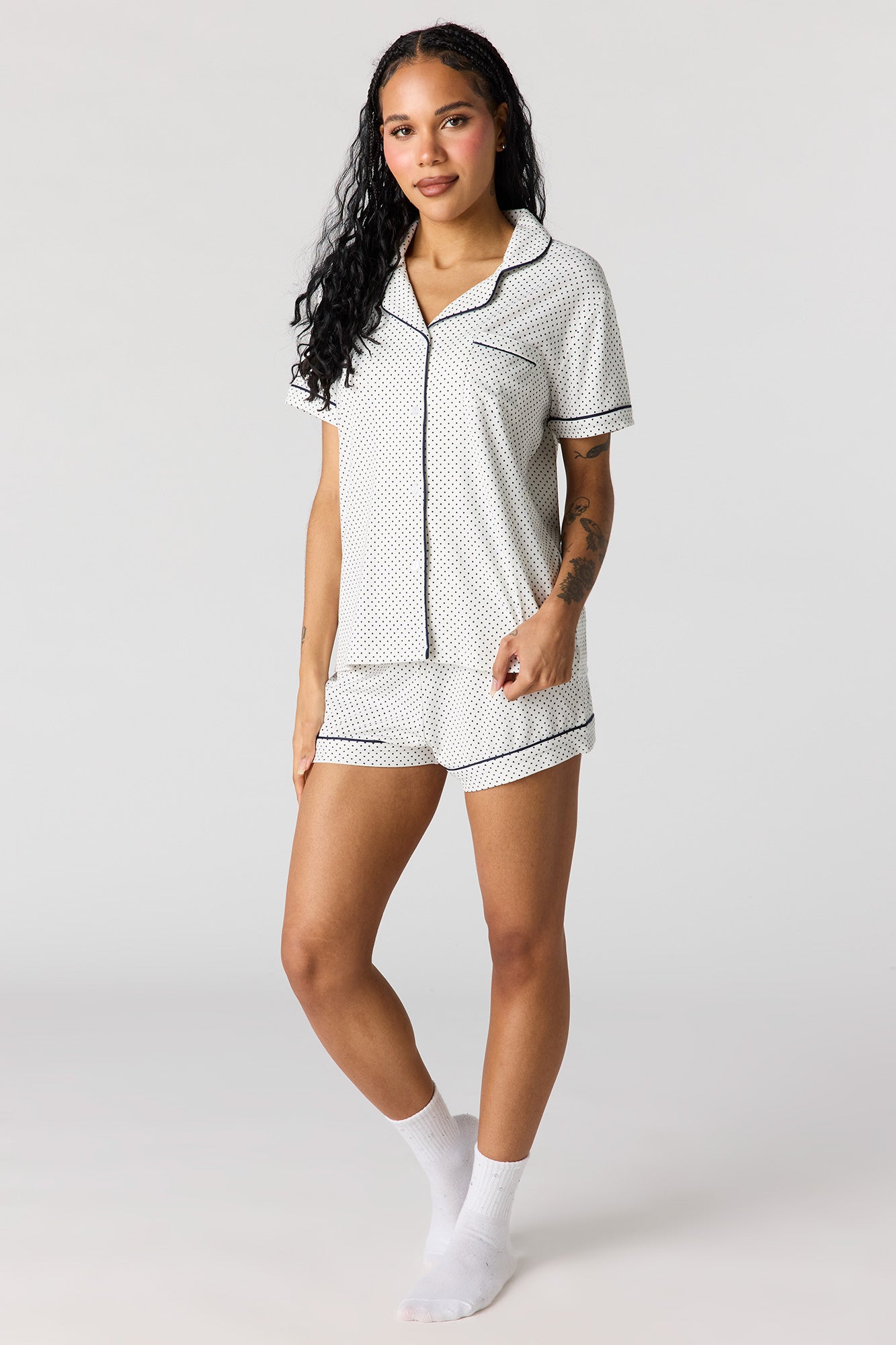 Button-Up Collared Top & Short Pajama Set