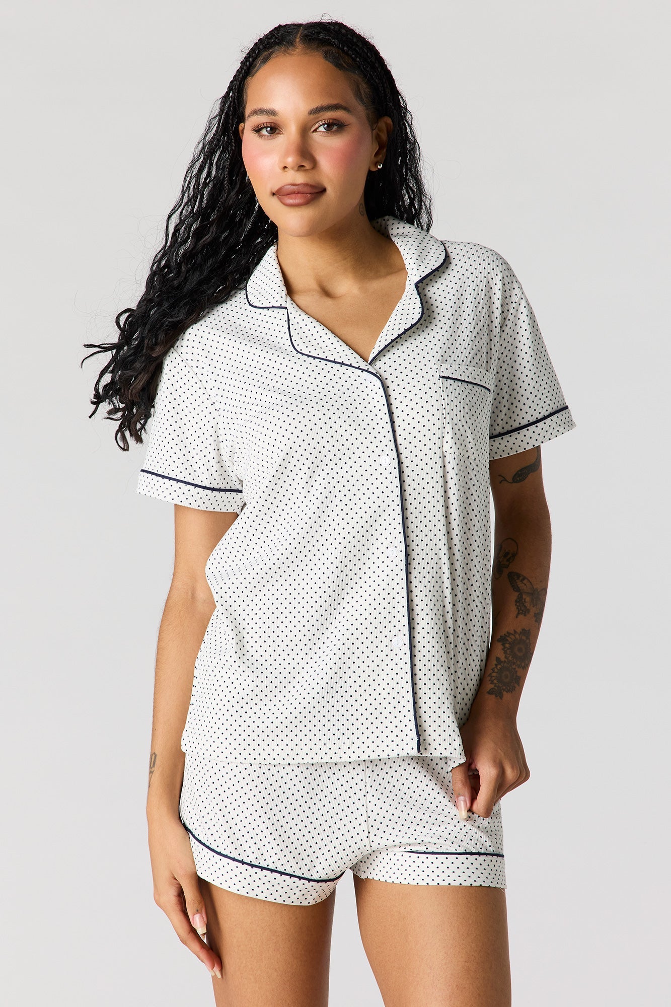 Button-Up Collared Top & Short Pajama Set