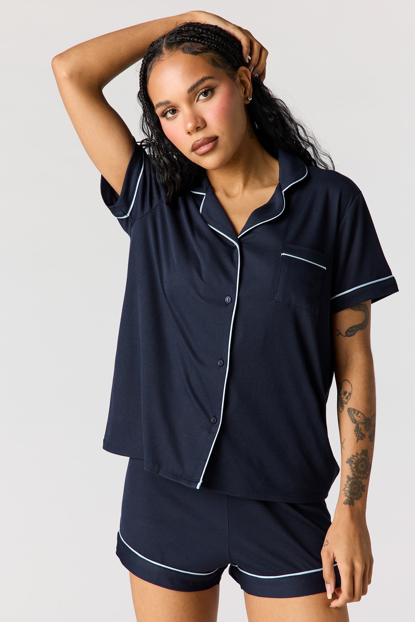 Button-Up Collared Top & Short Pajama Set