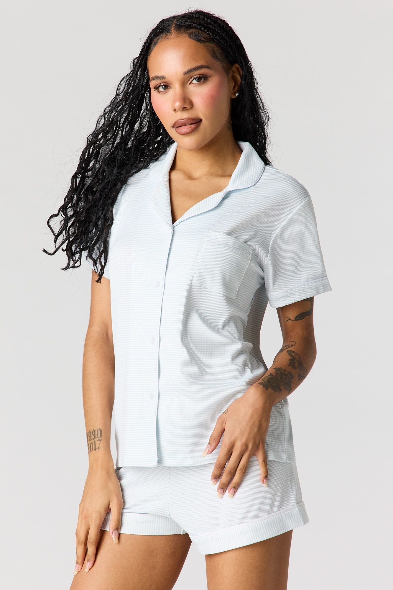 Button-Up Collared Top & Short Pajama Set