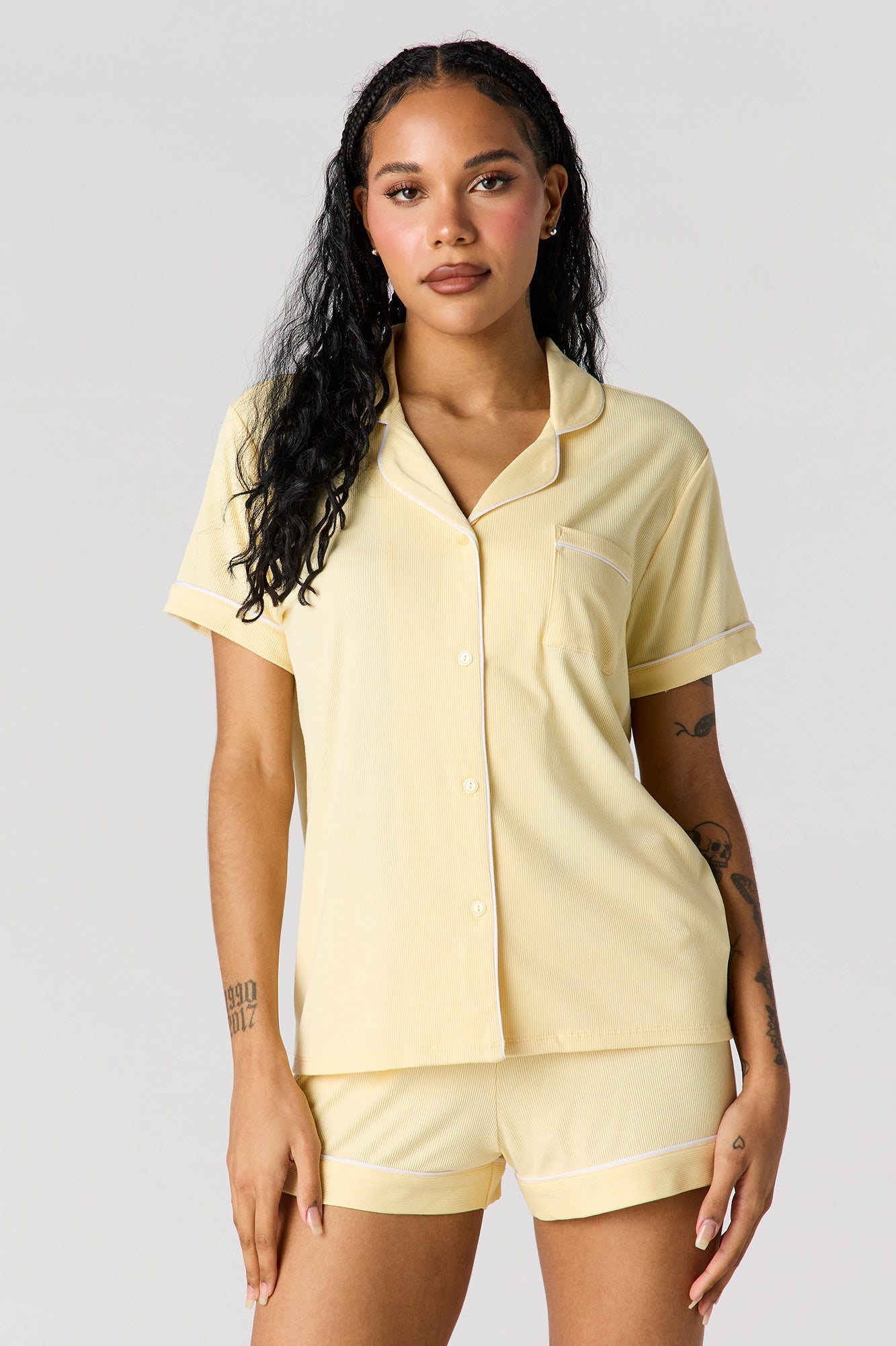Button-Up Collared Top & Short Pajama Set