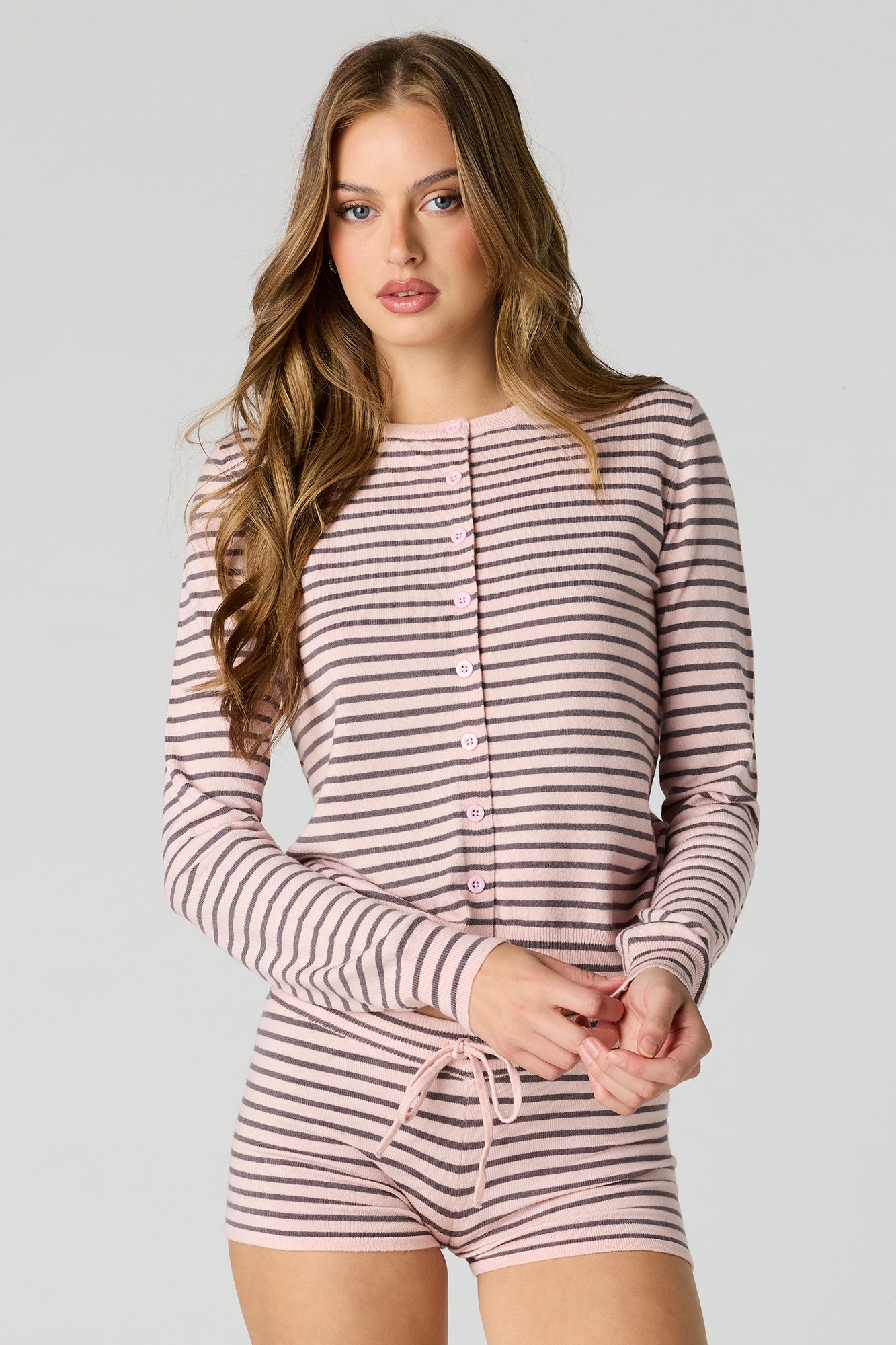 Button-Up Cardigan & Knit Short Set