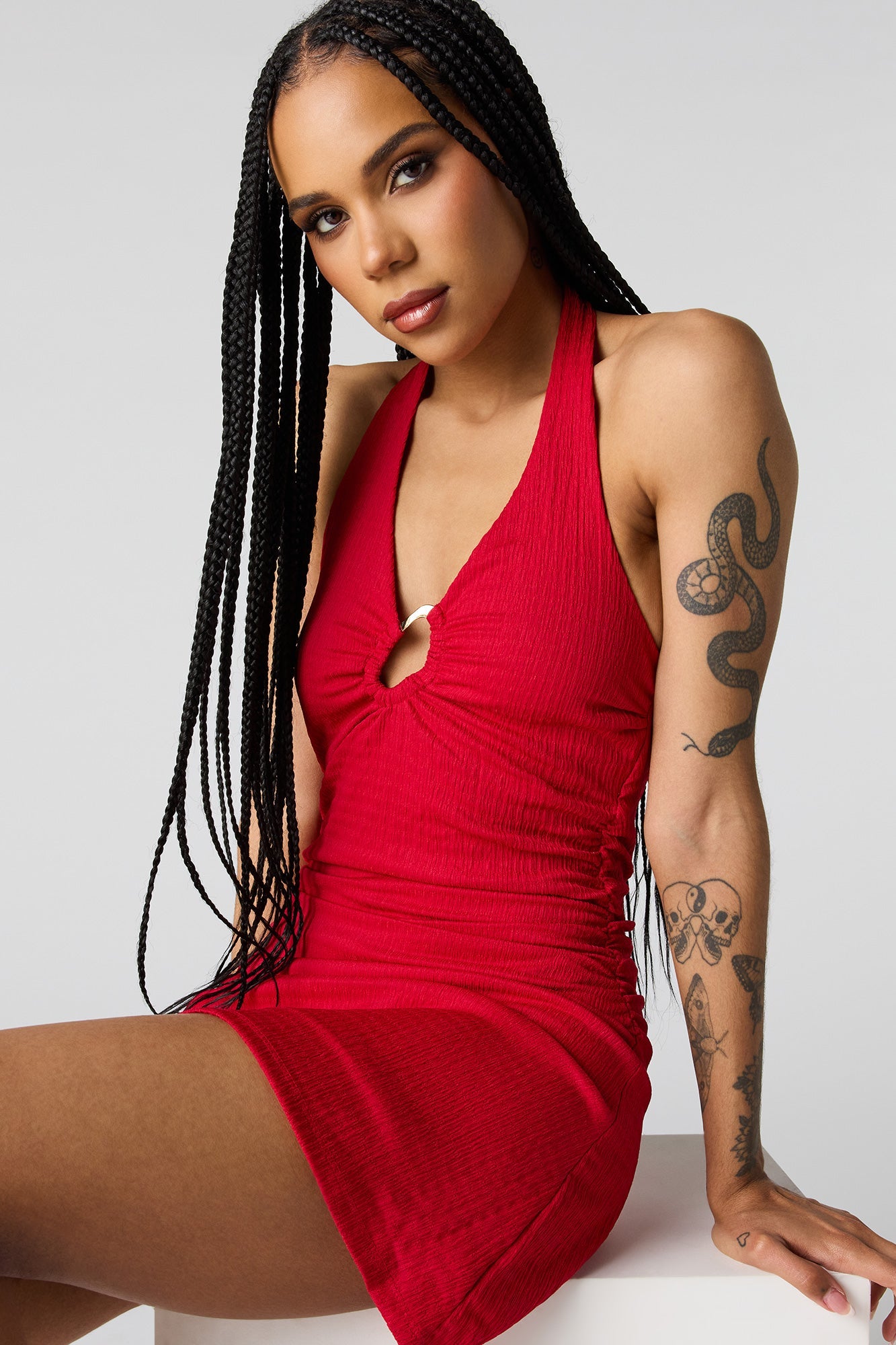 Textured Cut-Out Front Cinched Mini Dress