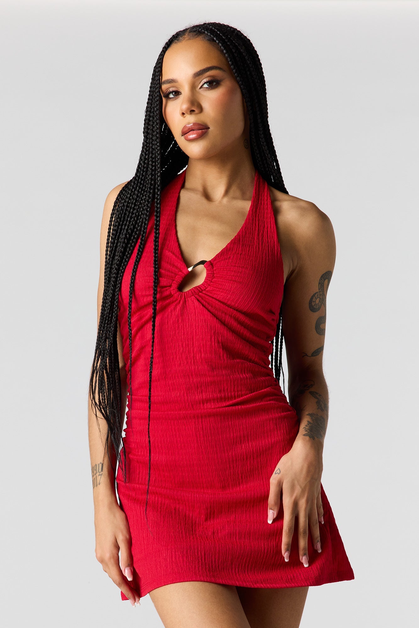 Textured Cut-Out Front Cinched Mini Dress