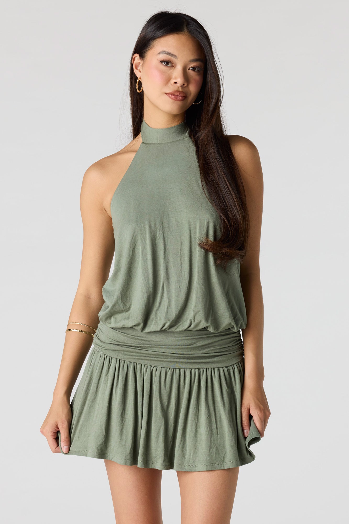Draped Halter Mini Romper Dress