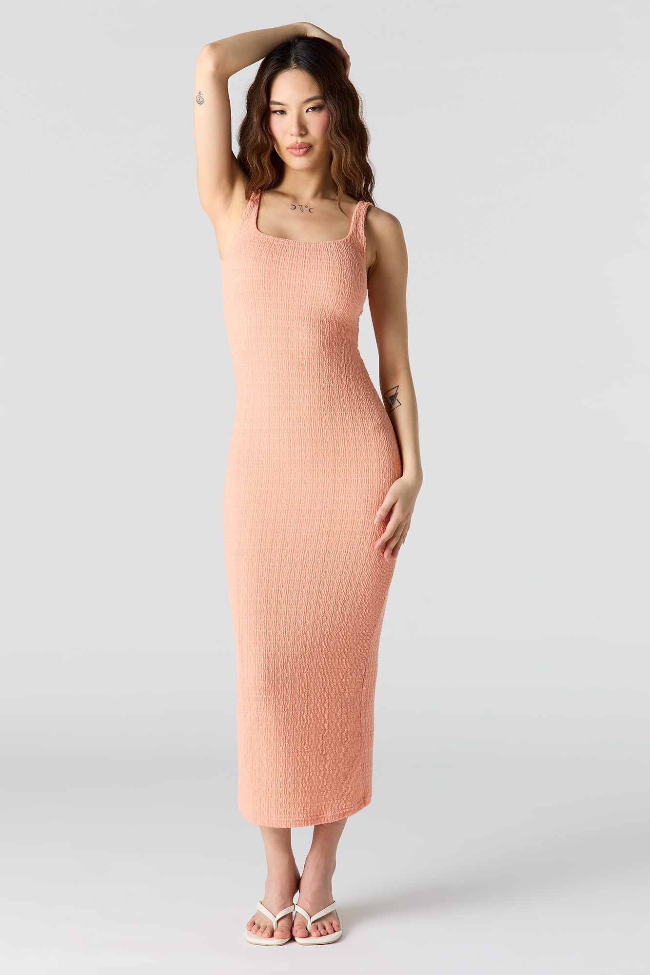 Textured Square Neck Bodycon Midi Dress