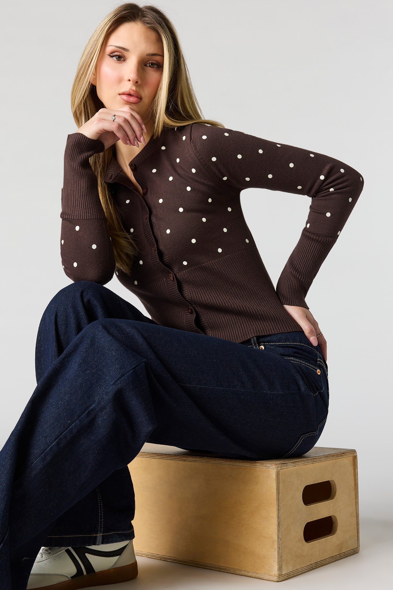 Polka Dot Knit Button-Up Cardigan