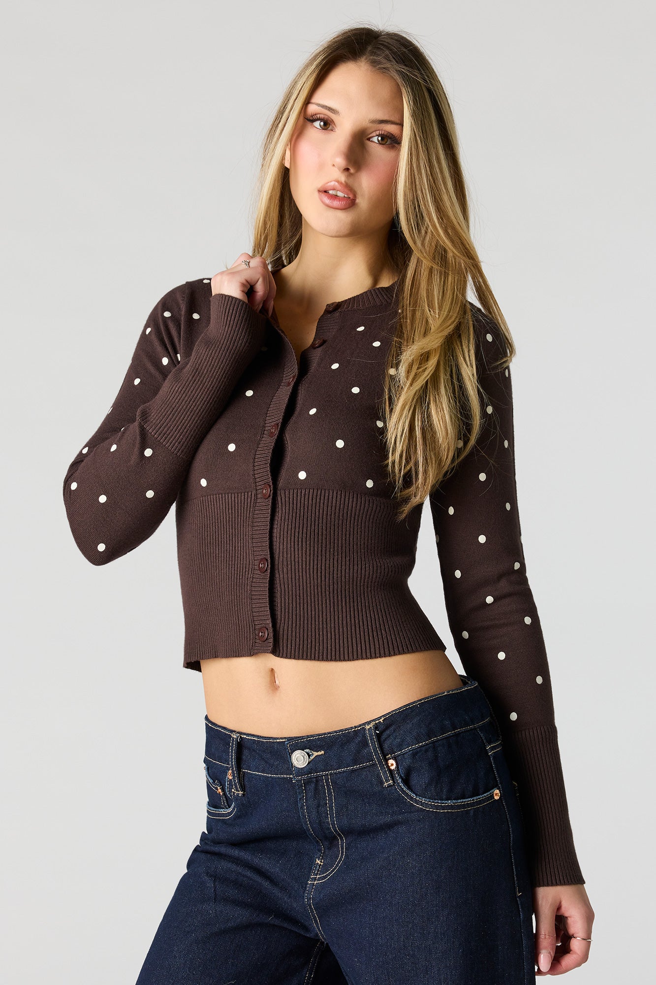 Polka Dot Knit Button-Up Cardigan
