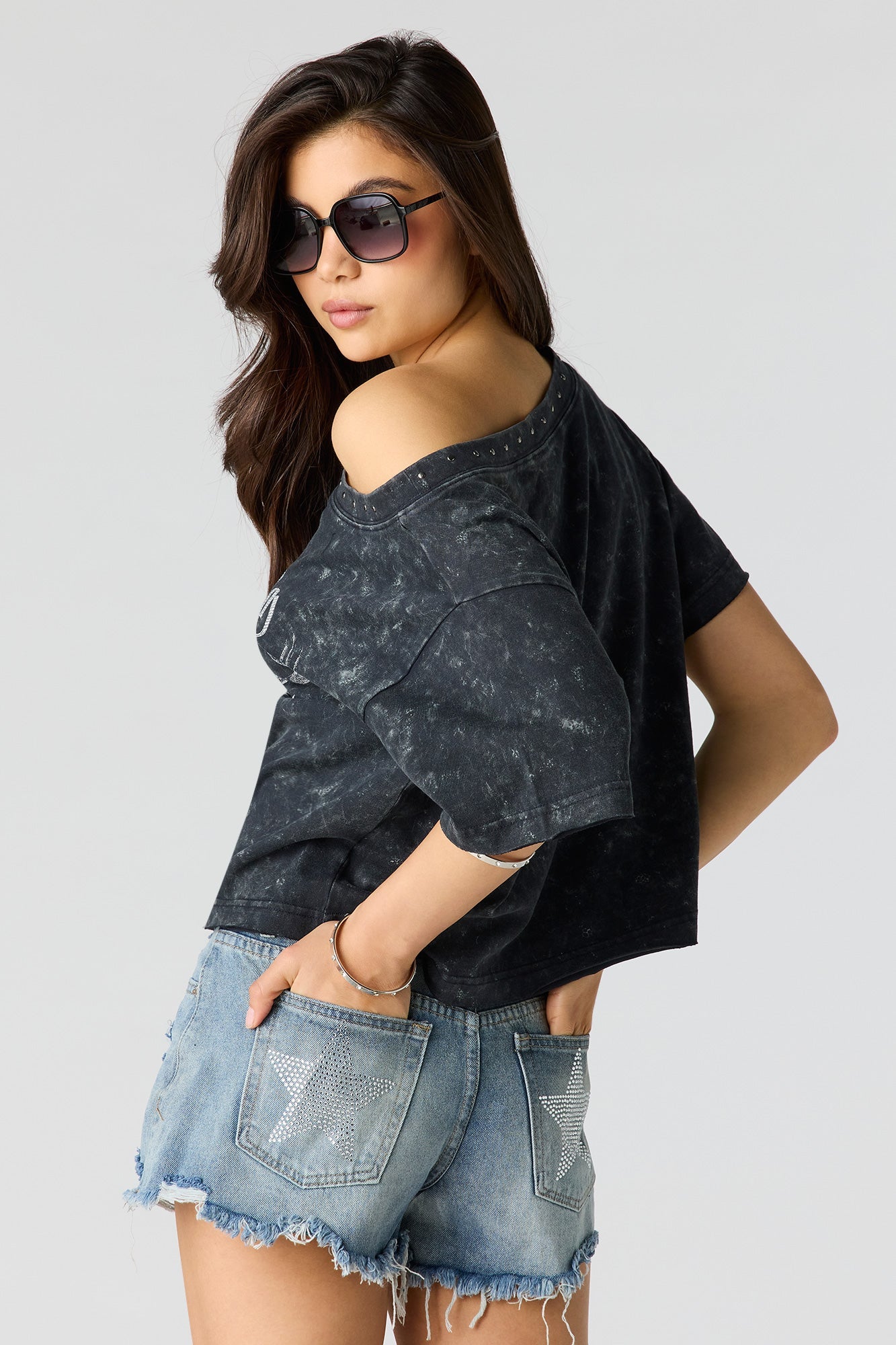 Ford Studded Graphic Off Shoulder T-Shirt