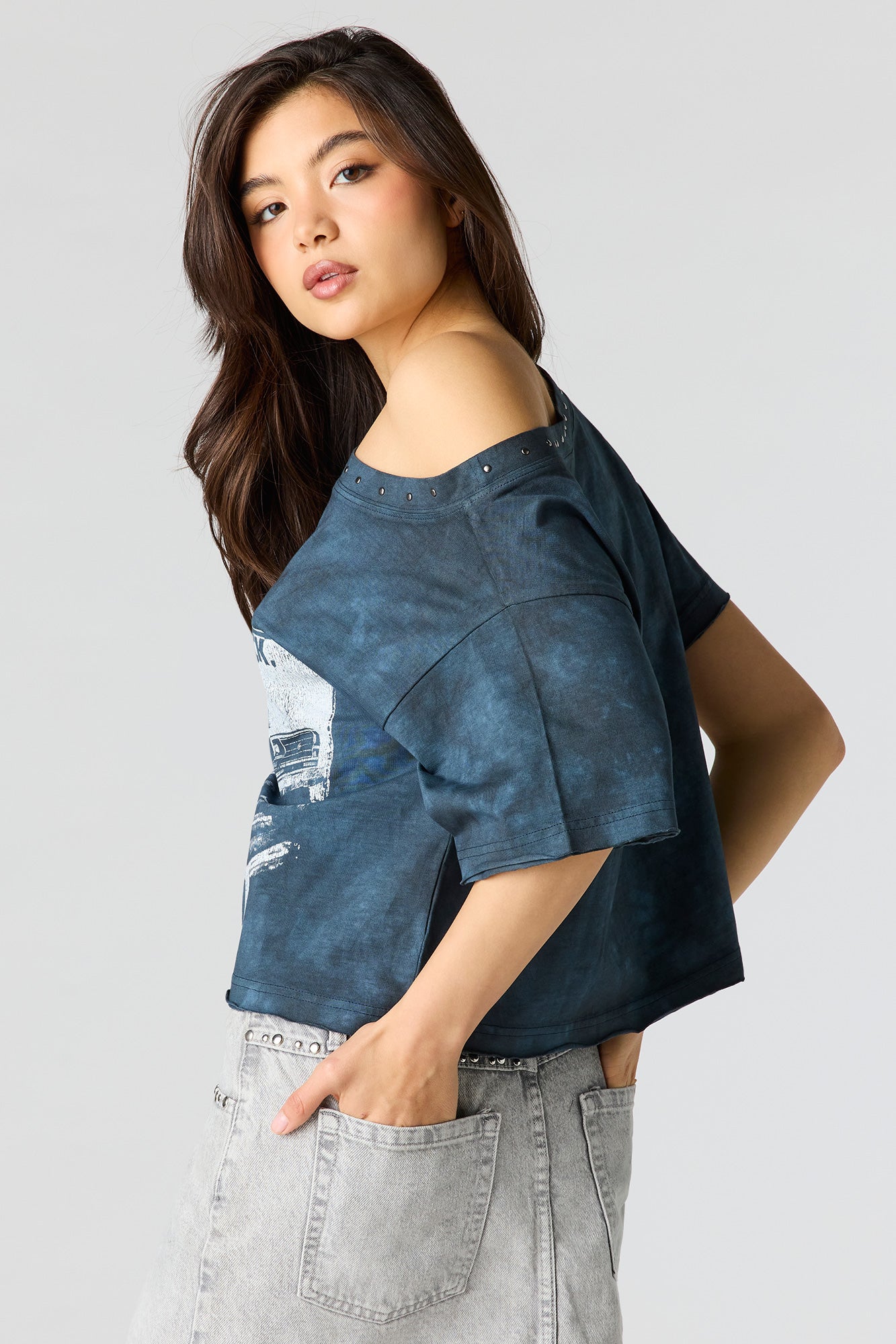 Ford Studded Graphic Off Shoulder T-Shirt
