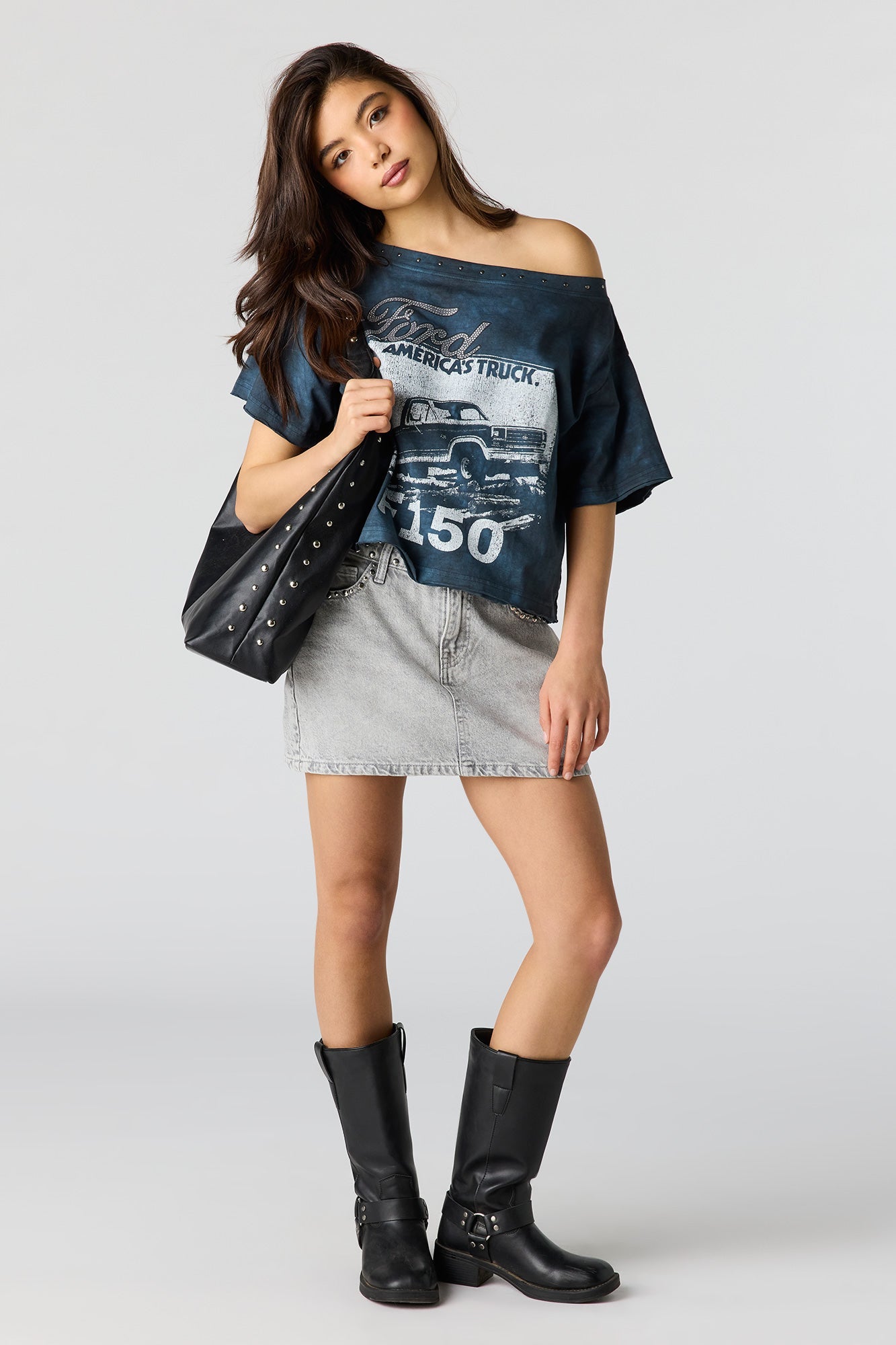 Ford Studded Graphic Off Shoulder T-Shirt