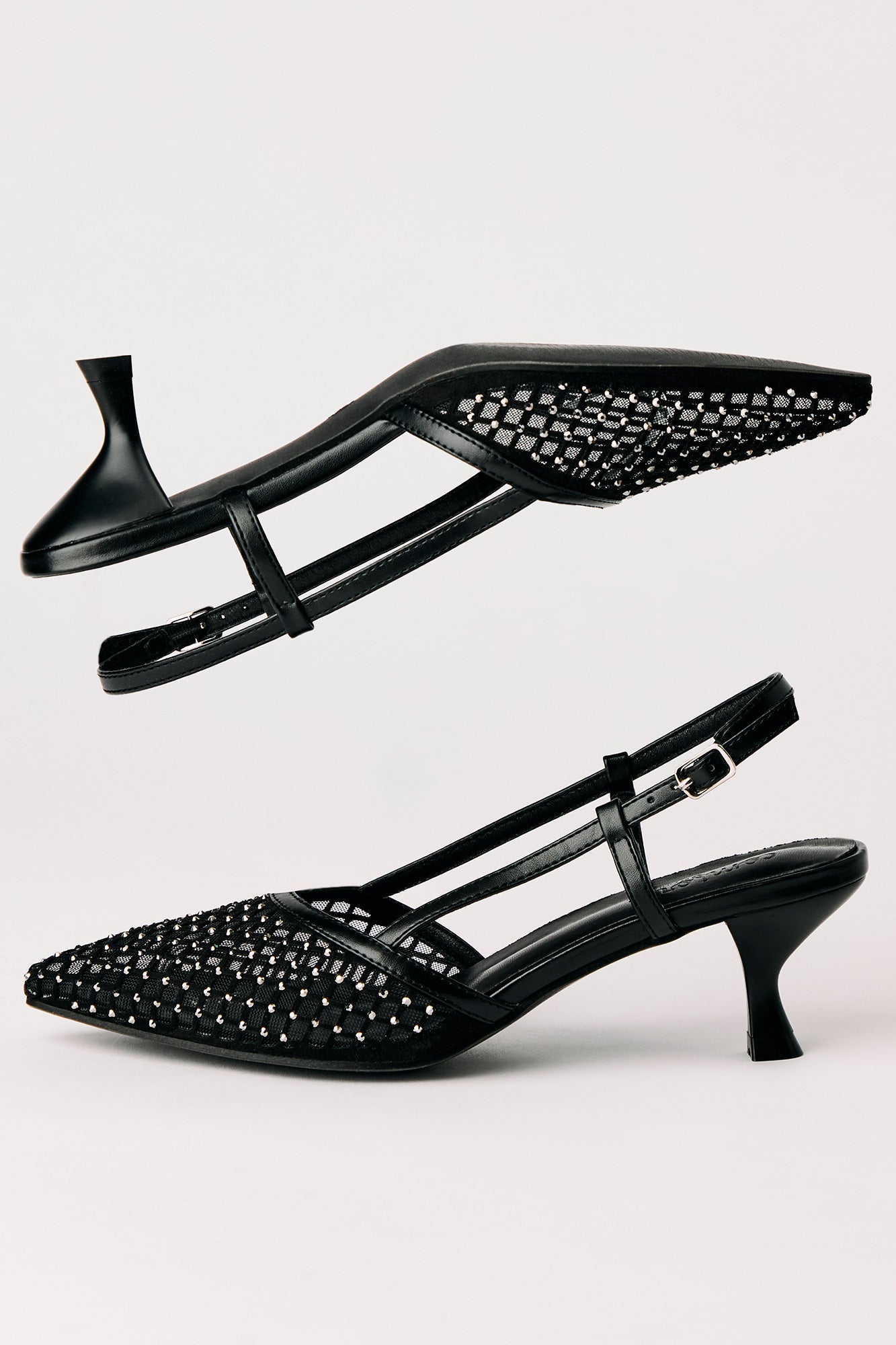 Mesh Rhinestone Kitten Heeled Slingback