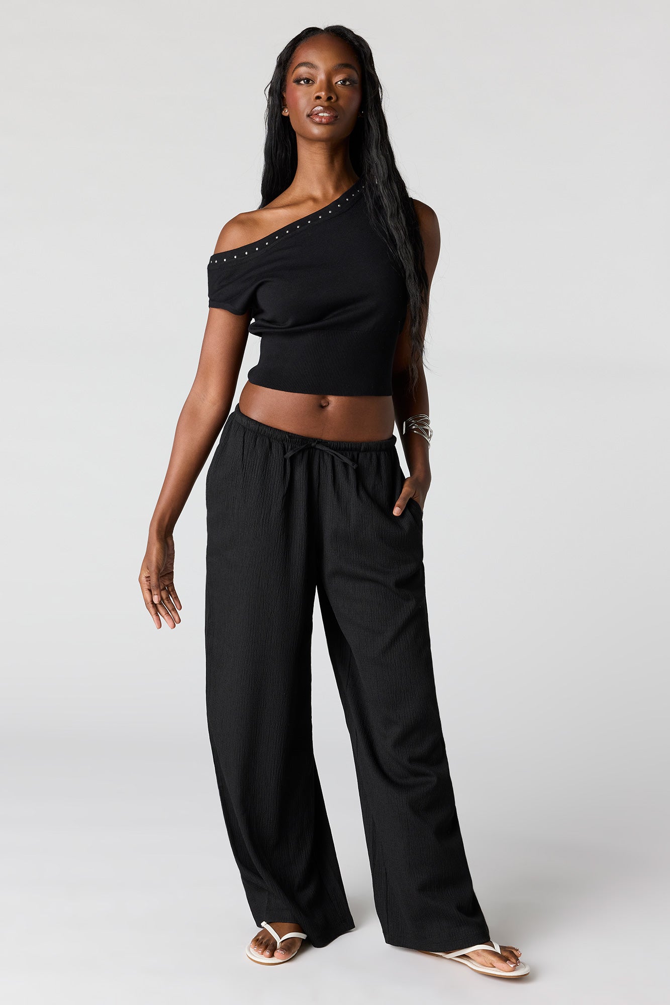 Studded Off-Shoulder Sweater Top