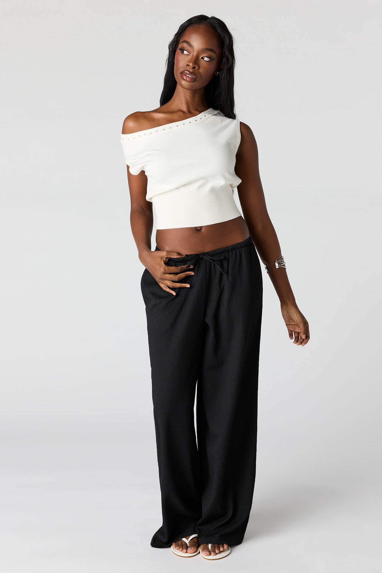 Studded Off-Shoulder Sweater Top