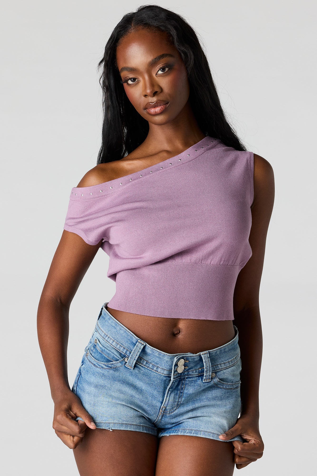 Studded Off-Shoulder Sweater Top