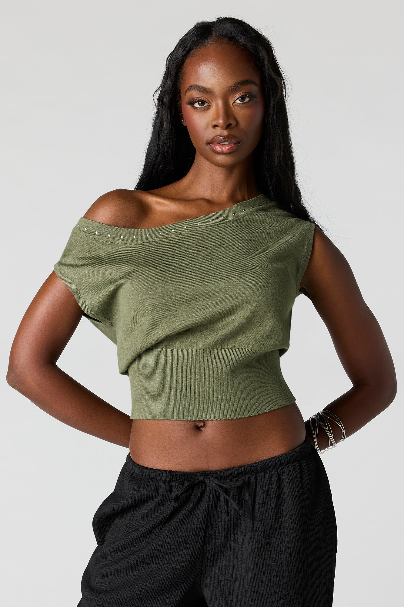 Studded Off-Shoulder Sweater Top