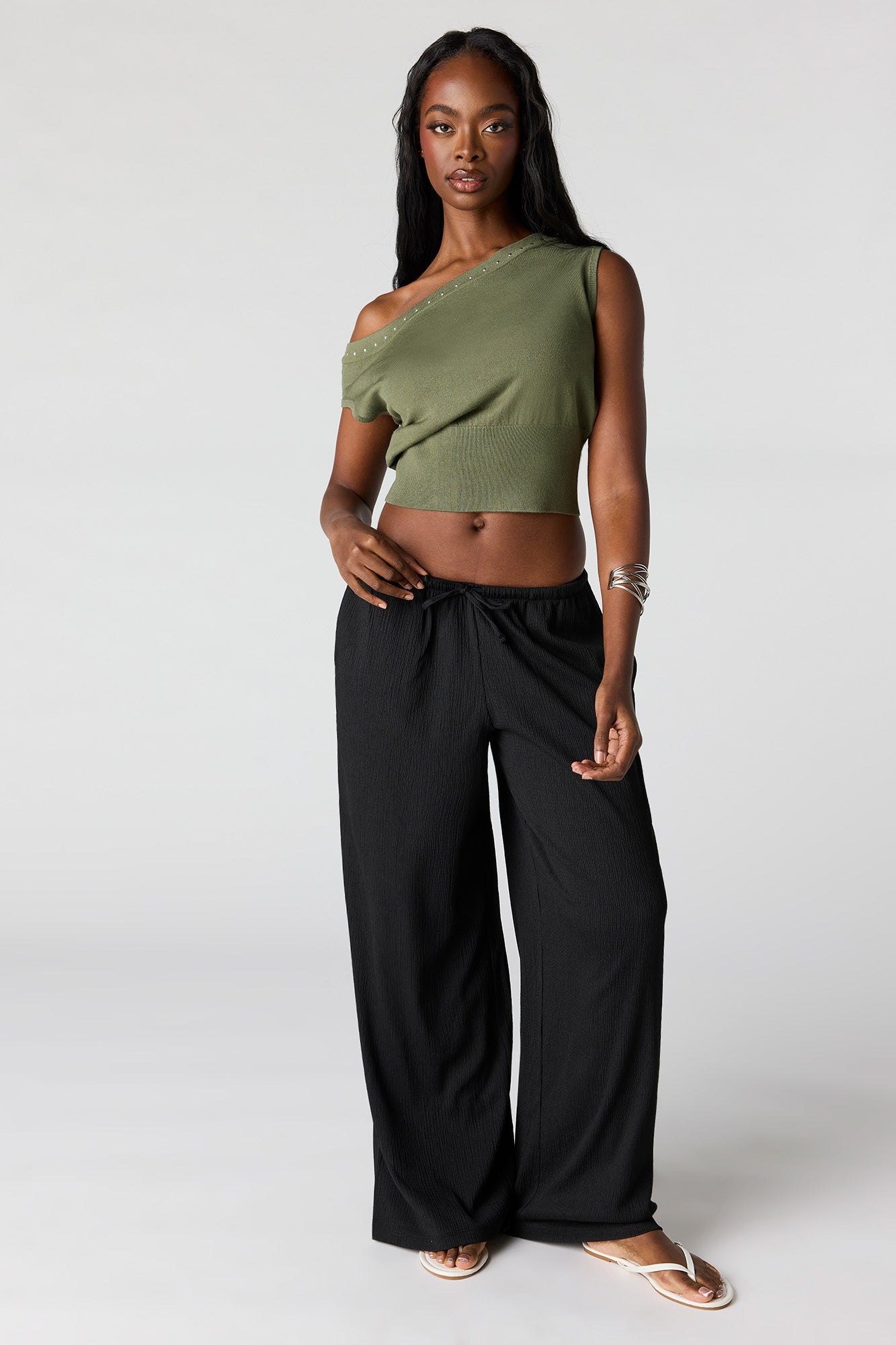 Studded Off-Shoulder Sweater Top