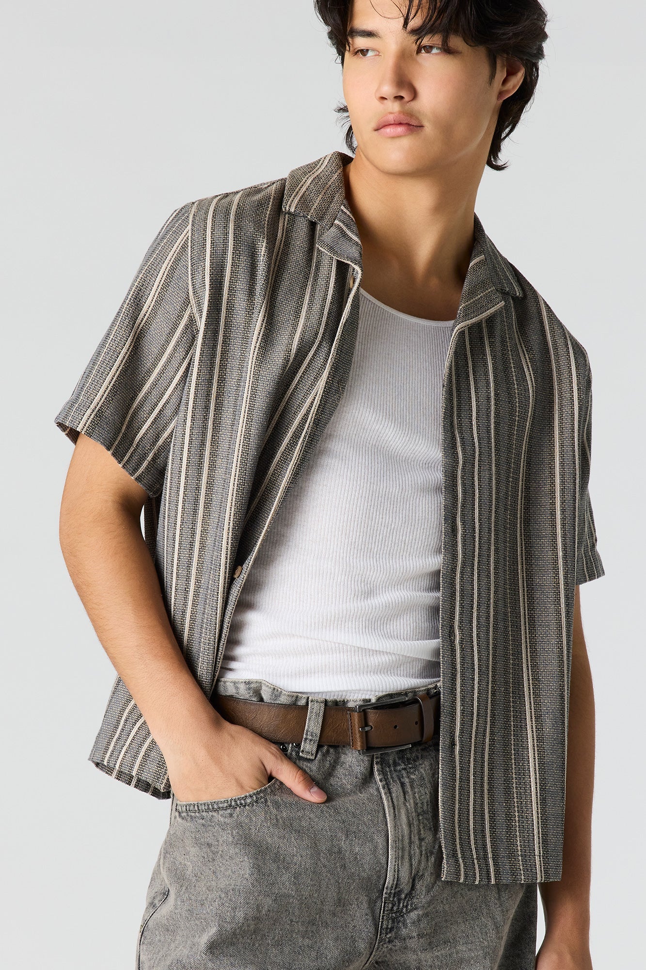 Textured Striped Button-Up Top