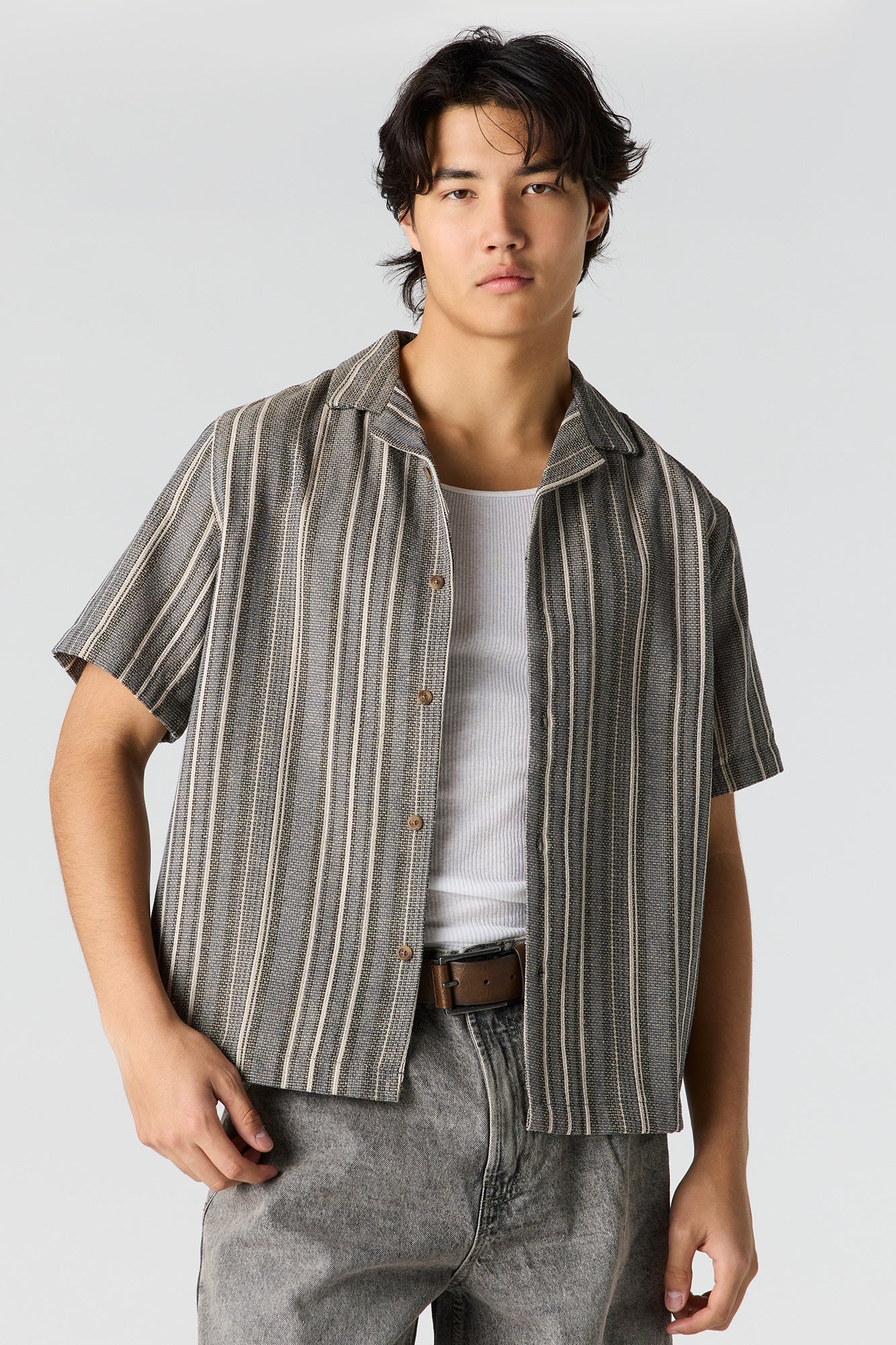 Textured Striped Button-Up Top