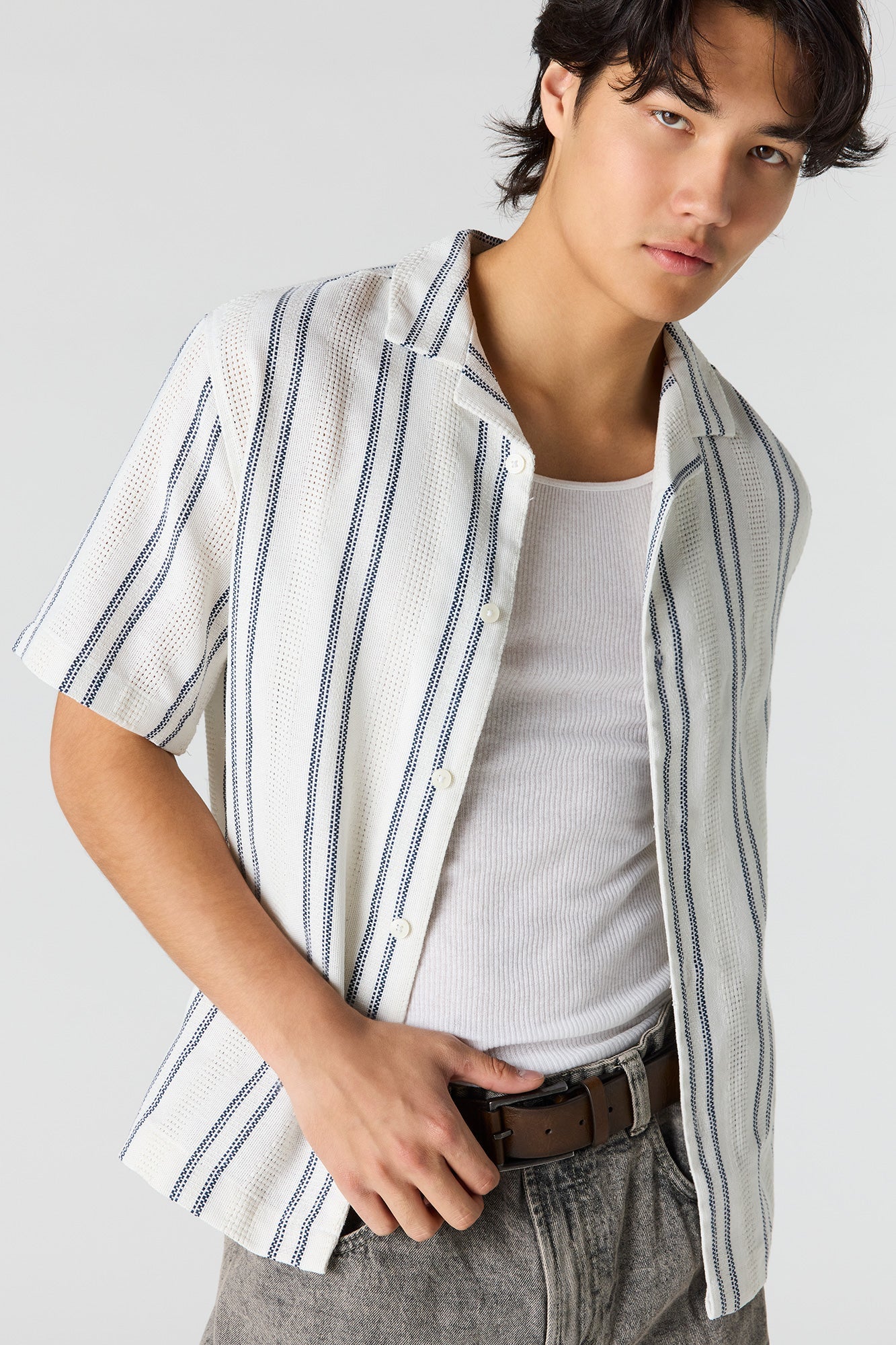 Textured Striped Button-Up Top