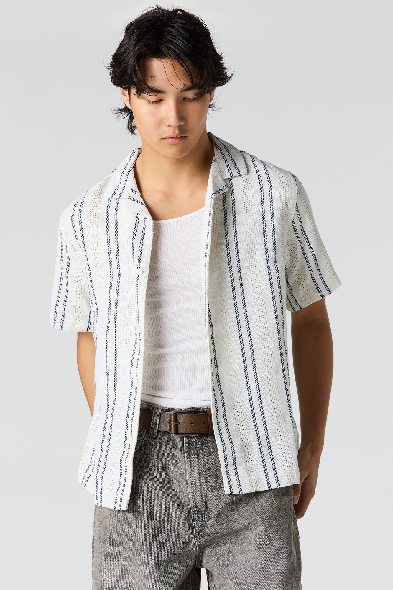 Textured Striped Button-Up Top