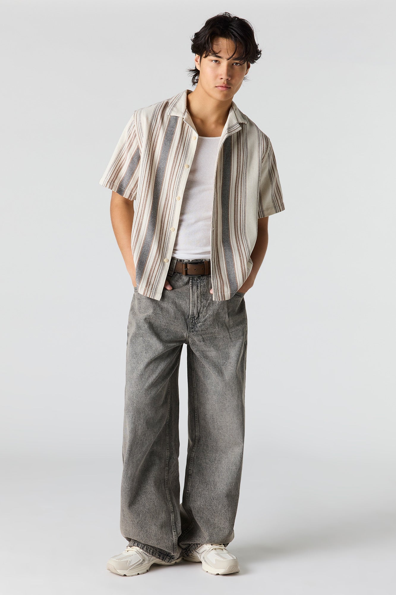 Textured Striped Button-Up Top